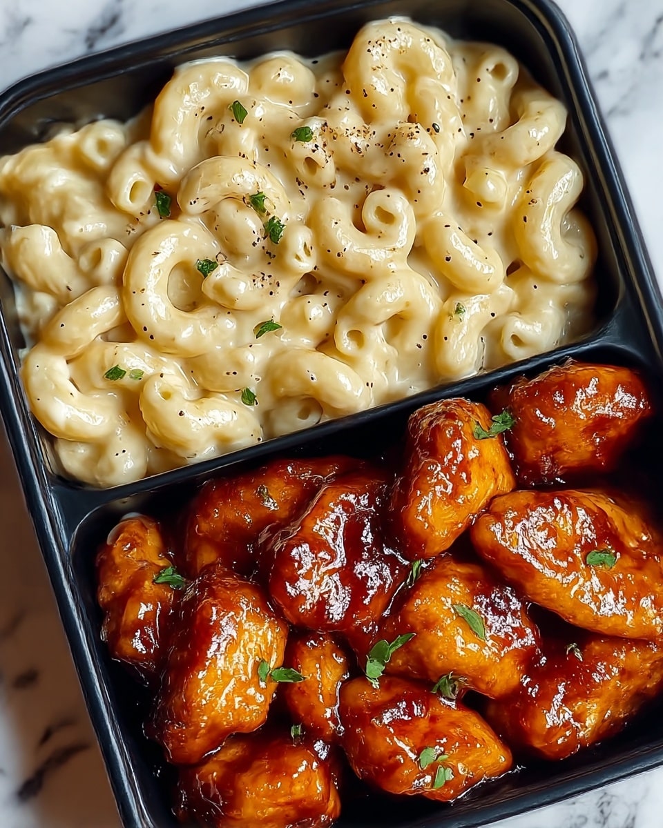 The image shows a close-up view of a rectangular black container divided into two sections. The top section is filled with creamy mac and cheese, featuring soft, curved elbow macaroni coated in a smooth, pale yellow cheese sauce with small black pepper specks and tiny green herb pieces scattered on top. The bottom section contains glossy, golden-brown pieces of chicken coated in a shiny, rich barbecue sauce and lightly garnished with small green herb leaves. The entire dish rests on a white marbled surface. photo taken with an iphone --ar 4:5 --v 7