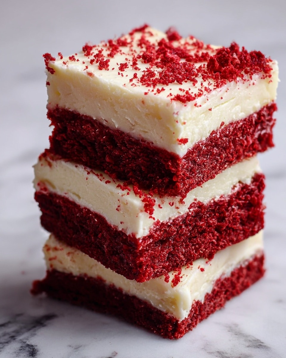 The image shows two stacked red velvet brownie squares on a white marbled surface. Each brownie has two layers: a thick, rich red bottom layer with a moist texture, and a smooth, creamy white frosting layer on top. The frosting is sprinkled with fine red crumbs, matching the color of the brownie base. The top brownie is positioned slightly tilted, resting on the bottom one, showing the contrast between the deep red and white layers clearly. Photo taken with an iphone --ar 4:5 --v 7