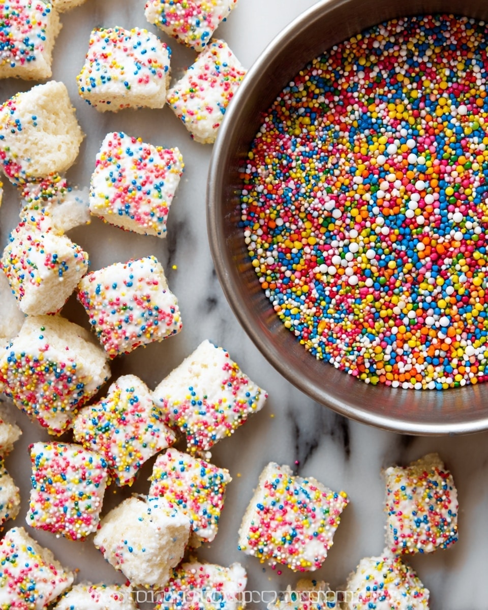 The image shows many small square-shaped treats covered in white coating with colorful tiny round sprinkles spread evenly on top, giving a fun and festive look. Next to these treats is a round white bowl full of many tiny round sprinkles in bright colors like red, blue, yellow, green, white, and orange. The treats have a rough texture on the sides where the white coating is thinner, and the sprinkles add a bumpy and shiny feel on top. The background is a white marbled surface that makes the colors and shapes stand out more brightly. photo taken with an iphone --ar 4:5 --v 7