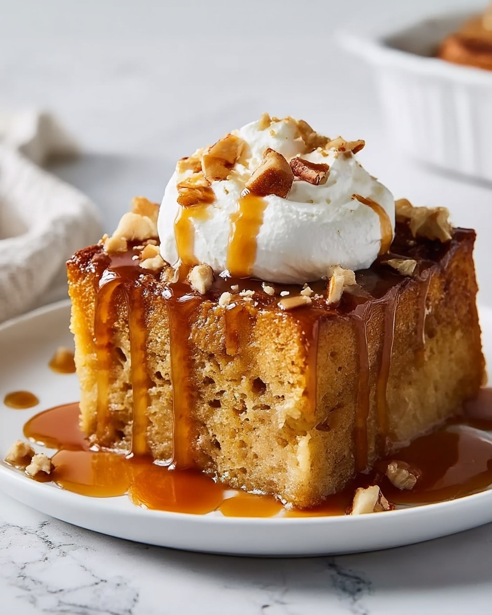 A thick square piece of golden brown bread pudding sits on a white plate with a smooth rim. The top layer is slightly crispy with a shiny caramel glaze that drips down the sides. On top, there is a dollop of white whipped cream, soft and fluffy, with a drizzle of amber caramel sauce over it. Small pieces of chopped nuts, light brown in color, are scattered over the whipped cream and pudding, adding texture. The plate is placed on a white marbled surface. photo taken with an iphone --ar 4:5 --v 7