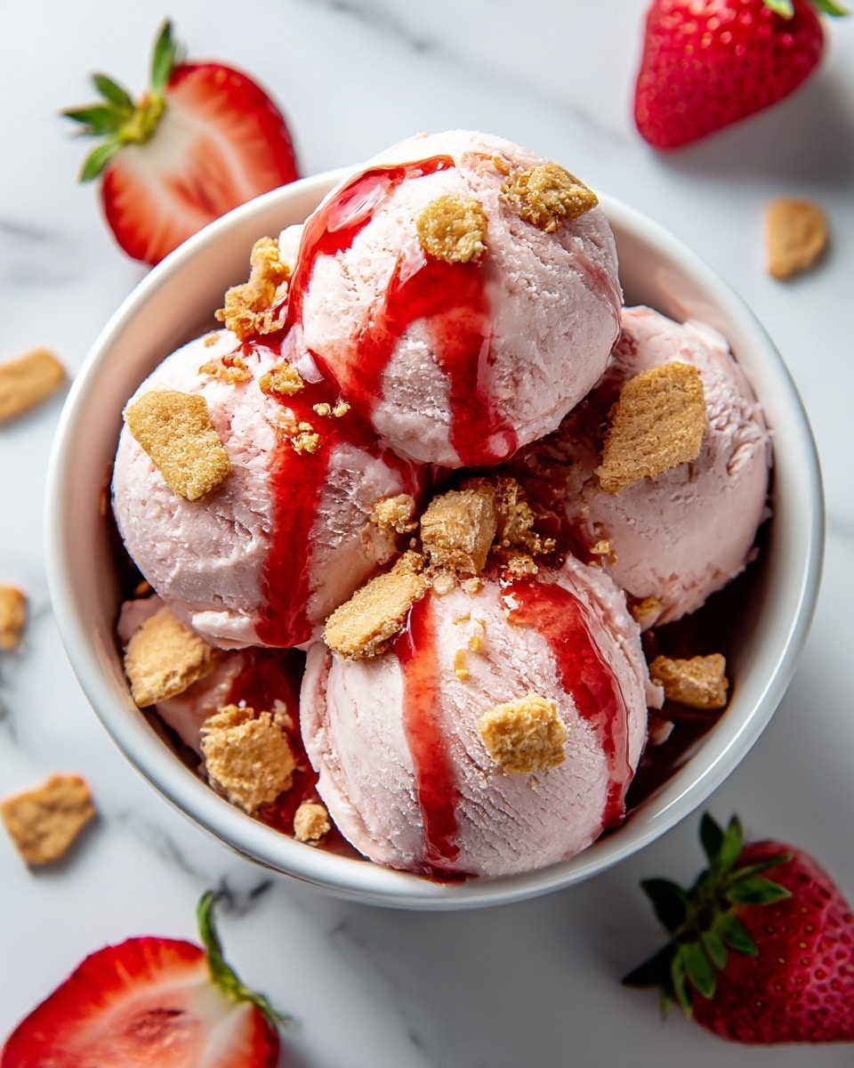 A white bowl filled with three scoops of pale pink strawberry ice cream, each scoop showing a smooth and creamy texture with slight melting around the edges; fresh red strawberry slices are layered on top, along with crumbled light brown graham cracker pieces spread across and inside the ice cream. Bright red strawberry sauce is drizzled generously over the scoops, adding a shiny, sticky layer that contrasts with the soft ice cream. The bowl is set on a white marbled texture surface, scattered with whole and partial strawberries and small graham cracker crumbs. photo taken with an iphone --ar 4:5 --v 7