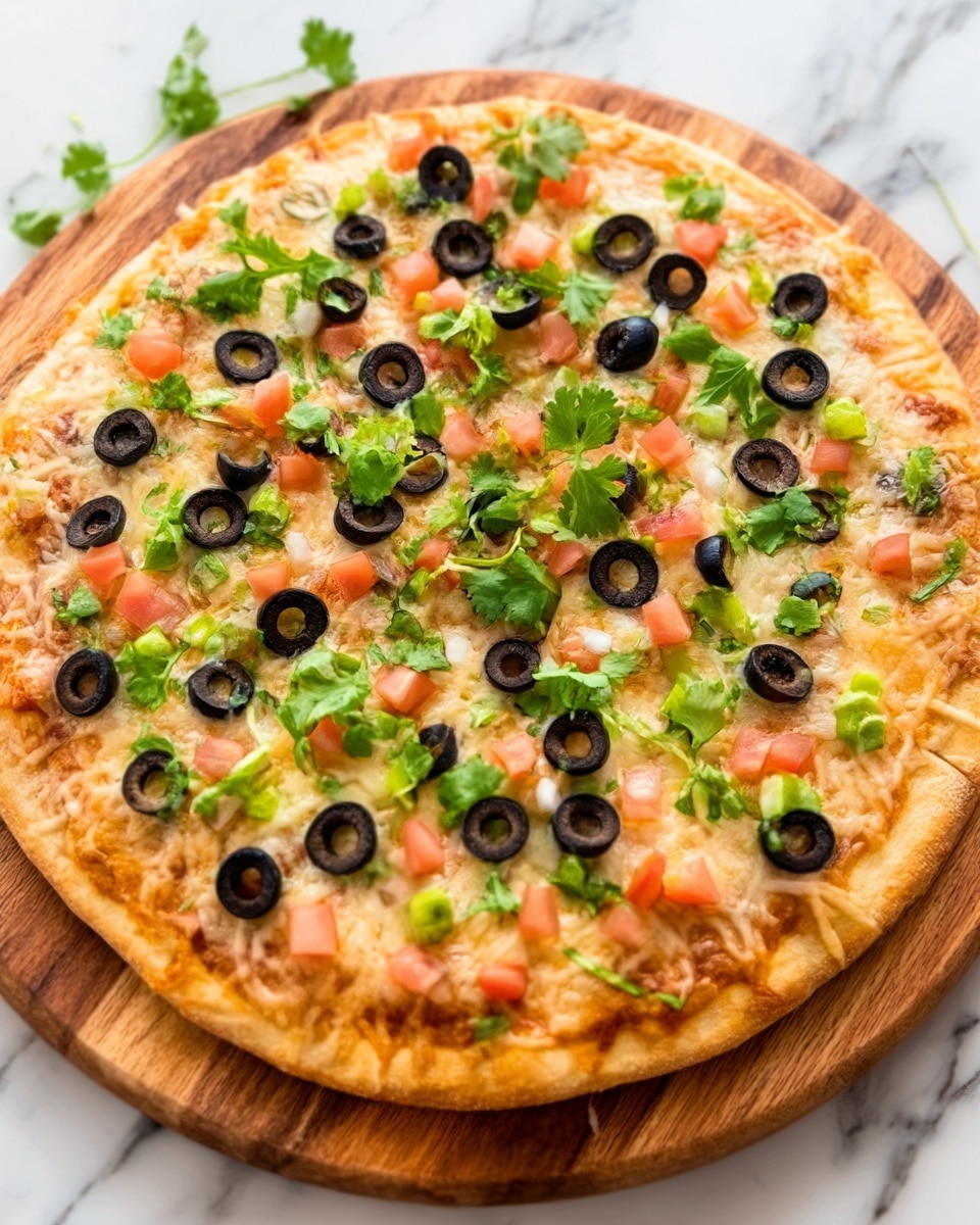 A round pizza with a golden brown crust sits on a wooden board. The pizza has a layer of melted light yellow cheese covering the base. On top, there are small pieces of pink salmon, scattered dark black olive slices, and fresh green leafy herbs spread evenly across the pizza. The surface beneath is a white marbled texture. Photo taken with an iphone --ar 4:5 --v 7