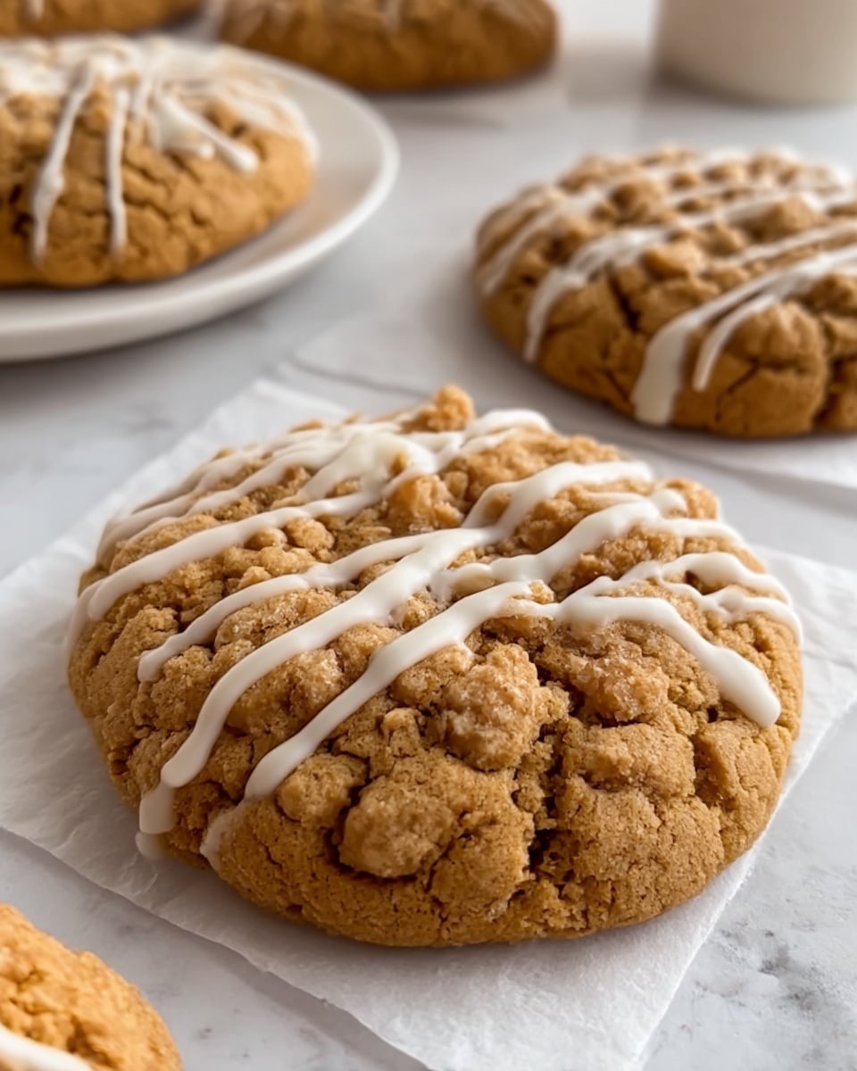 The image shows several soft brown cookies with a rough, crumbly texture sitting on white parchment paper over a white marbled surface. The cookies are round and thick with uneven tops full of small chunks. Each cookie is decorated with thin, white drizzle lines across the top, giving a light contrast to the cookie's warm tones. In the background, more cookies are placed both directly on the white marbled surface and inside a white plate, giving depth to the scene. Photo taken with an iphone --ar 4:5 --v 7