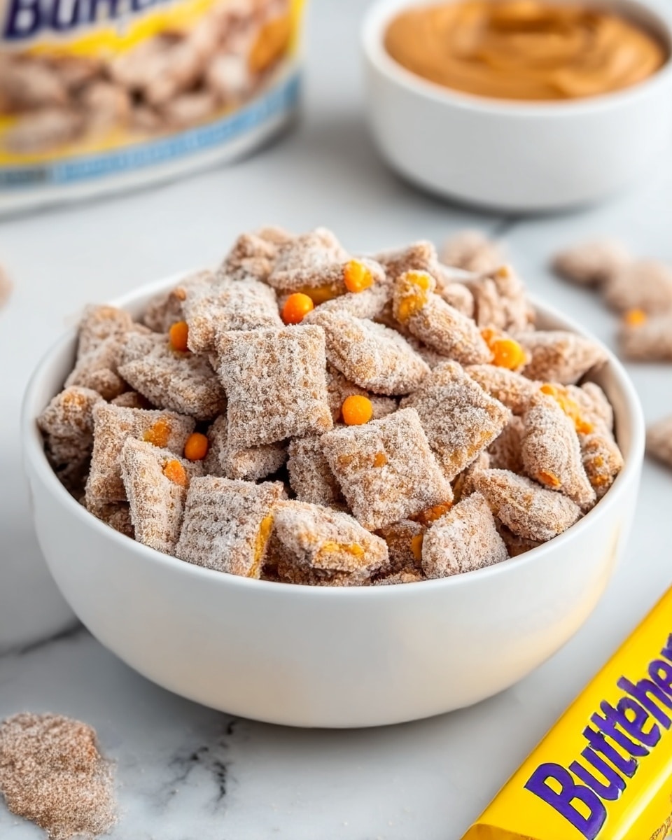 A white bowl is filled with square cereal pieces covered in a light dusting of powdered sugar and mixed with small broken chunks of orange candy. The cereal squares have a textured surface that looks soft and crunchy. The bowl sits on a white marbled surface, with another white bowl partially visible in the back, also filled with the same cereal. In the foreground, a yellow Butterfinger candy wrapper is placed flat on the surface, adding a bright pop of color to the scene. A small white dish with a smooth, creamy, orange peanut butter spread is slightly blurred in the background. The whole setting has a clean, bright look with a focus on the crispy cereal and candy pieces. Photo taken with an iphone --ar 4:5 --v 7