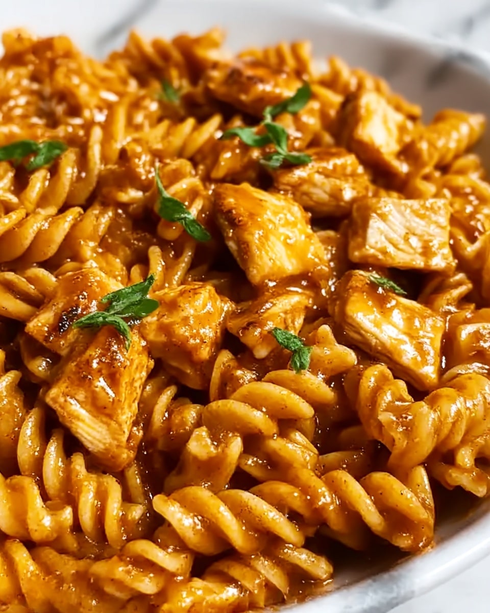 The image shows a close-up of a dish with spiral pasta coated in a thick, orange-brown sauce mixed with pieces of grilled chicken that have a slight golden brown texture. The pasta has a soft, twisted shape with the sauce evenly covering each piece, and small green herb leaves are scattered on top as garnish. The background is a white marbled surface. Photo taken with an iphone --ar 4:5 --v 7