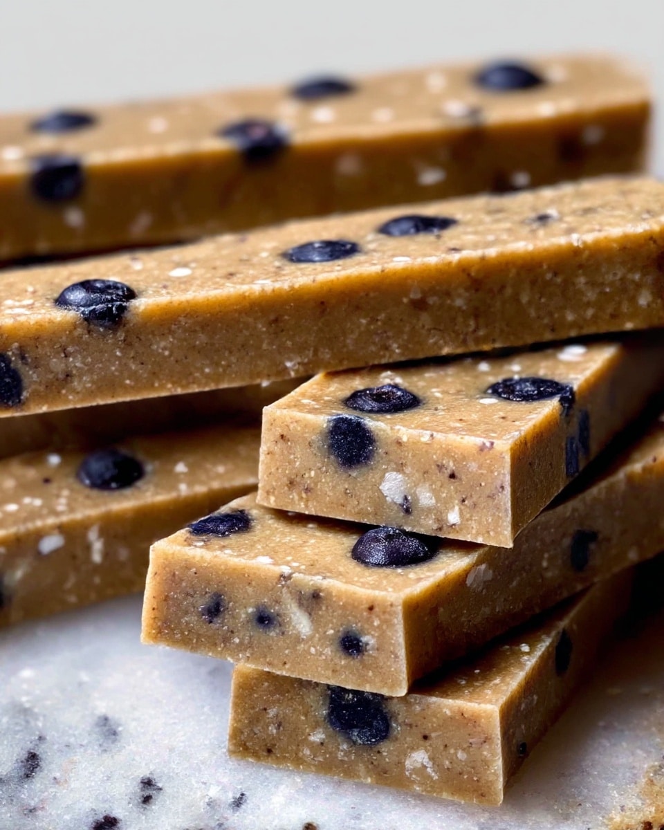 The image shows several rectangular bars stacked closely together on a white marbled surface. Each bar has one solid layer, which is light brown in color and has a slightly grainy texture. Inside each bar, there are small white bits spread throughout and whole dark blueberries embedded evenly on the top surface. The edges of the bars are clean and straight, highlighting their firm but slightly soft structure. Photo taken with an iphone --ar 4:5 --v 7