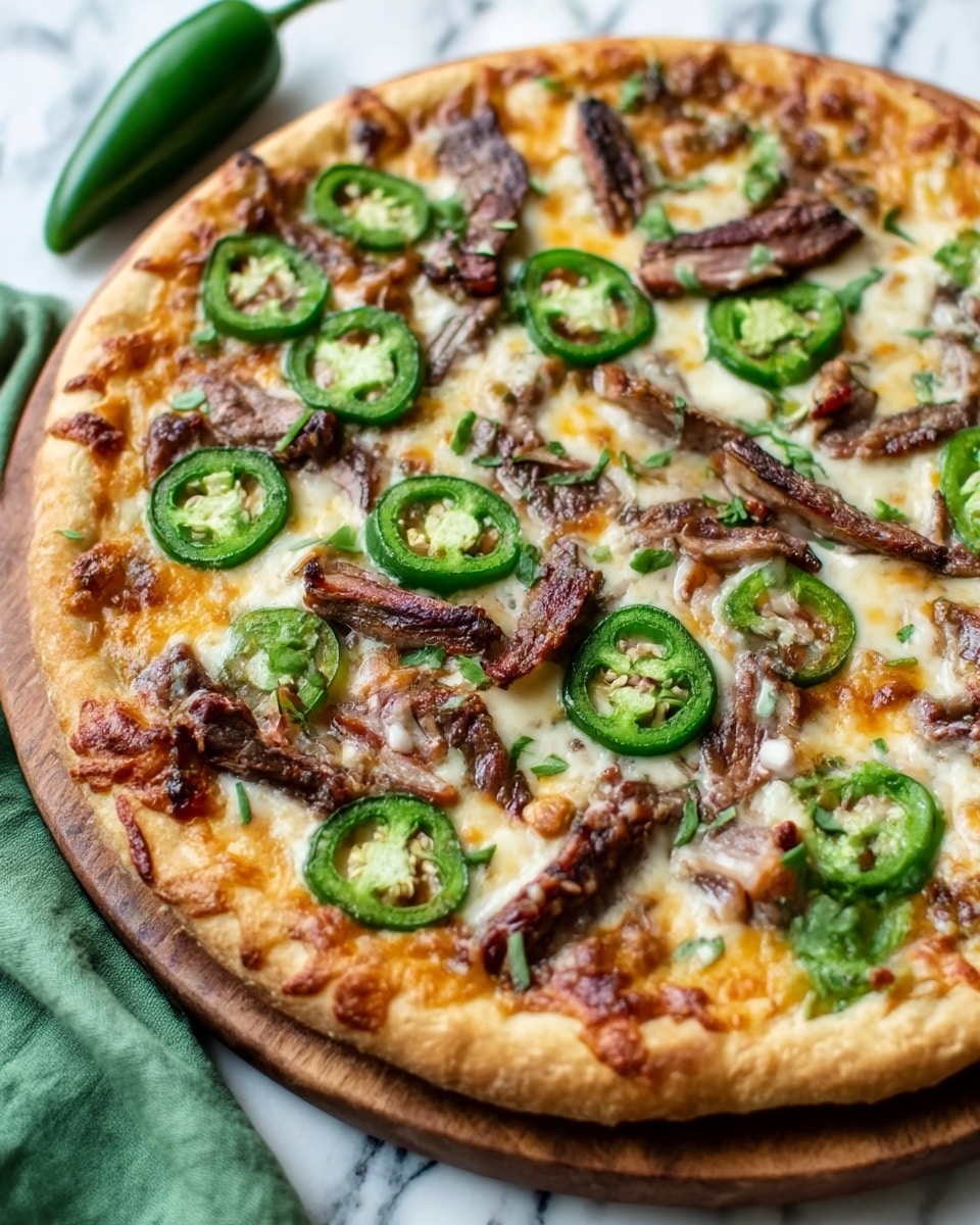 The image shows a close-up view of a round pizza on a wooden board, placed on a white marbled surface with a green cloth partially visible nearby. The pizza has three main layers: a light golden crust that is thick and soft, a creamy melted cheese layer spread evenly across, and topped with slices of green jalapeño peppers and pieces of grilled meat that look juicy and slightly charred. Small bits of herbs are scattered over the cheese giving an added texture. The photo taken with an iphone --ar 4:5 --v 7