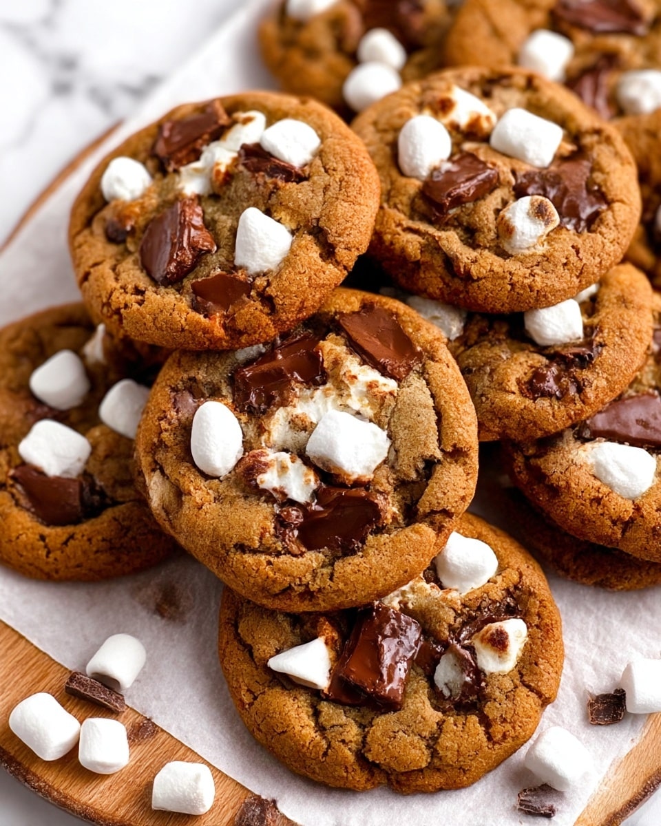 A close-up view of many round cookies stacked on top of each other on white parchment paper over a wooden board, each cookie showing a warm brown color with visible soft texture and slight crisp edges. Each cookie has irregularly shaped melted chocolate pieces in dark brown scattered on top along with small round white marshmallows partly melted into the surface. Extra small pieces of dark chocolate and bits of white marshmallow are scattered around the edges on the parchment paper. The background is a white marbled texture. photo taken with an iphone --ar 4:5 --v 7