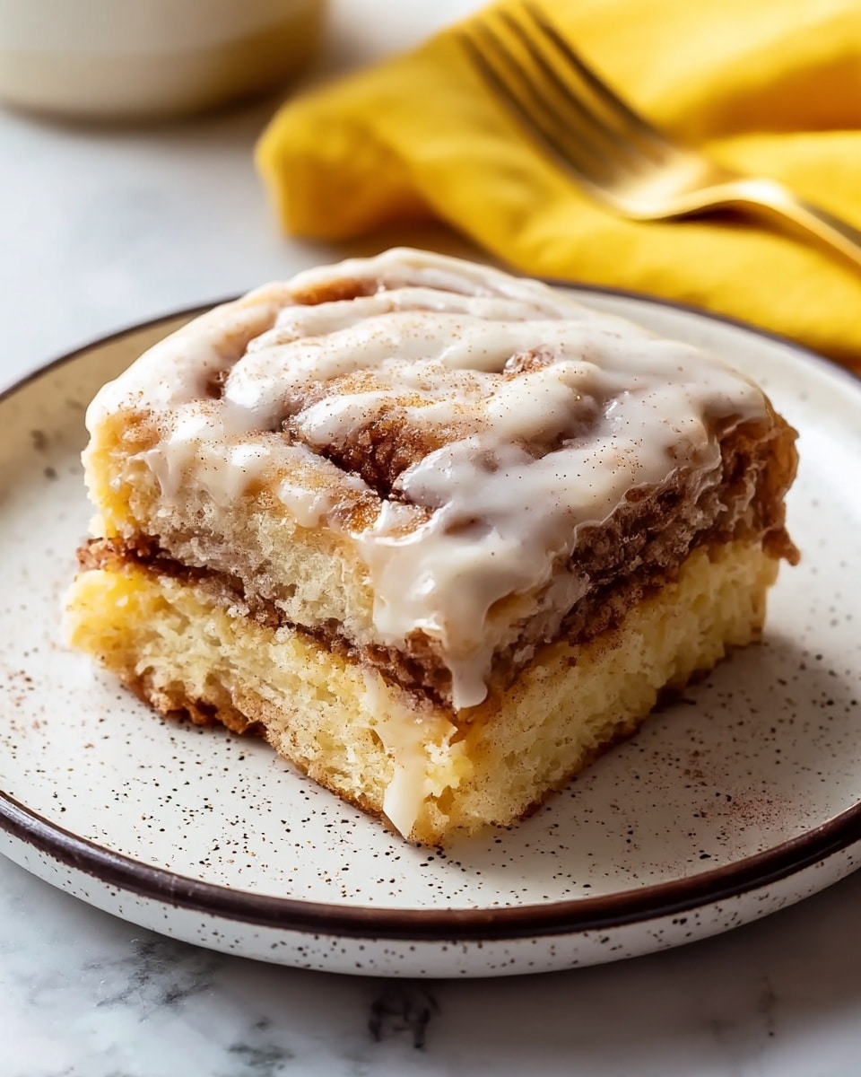 A thick square piece of cinnamon roll with two visible layers of soft, light brown dough and darker cinnamon filling swirls in between; the top layer is covered with a shiny, white icing that drips slightly down the sides, showing specks of cinnamon on the surface; it sits on a white plate with tiny dark speckles and a thin dark rim, placed on a white marbled texture surface, with a yellow cloth blurry in the background and a gold fork partially visible behind the plate. photo taken with an iphone --ar 4:5 --v 7