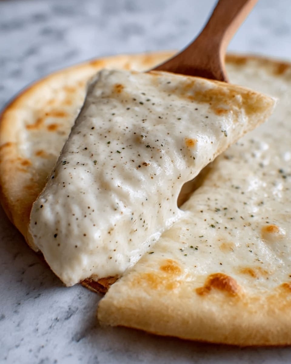 A close-up of a pizza showing one slice slightly pulled away, revealing three visible layers: the crust, light gold and fluffy with slight browning on edges; the cheese layer, melted and creamy white with small golden brown spots and bubbly texture; and a sprinkling of green herbs and cracked black pepper scattered evenly on the cheese. The pizza rests on a wooden surface but the background is changed to a white marbled texture. Photo taken with an iphone --ar 4:5 --v 7