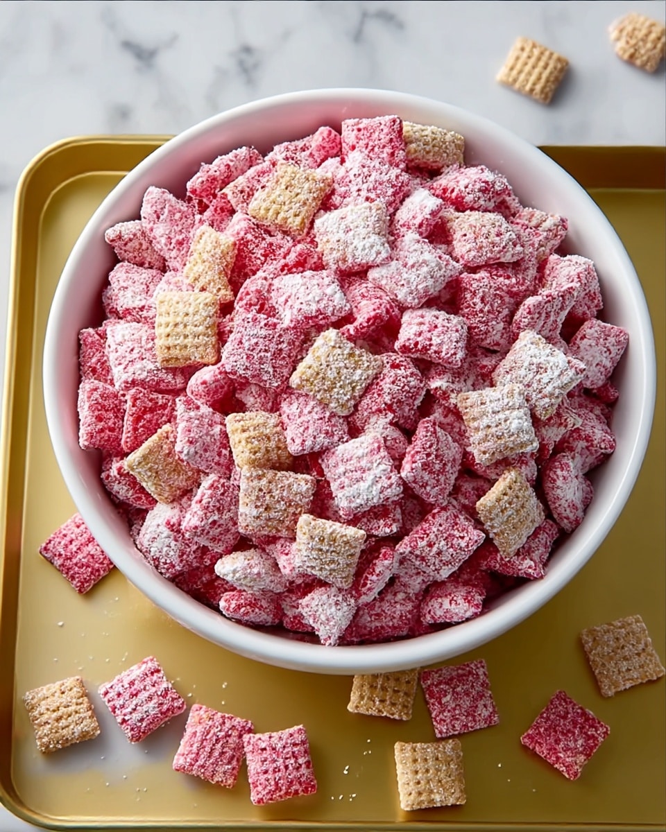 A white bowl full of multicolored square cereal pieces on a gold tray, sitting on a white marbled texture surface; most of the cereal pieces are covered in a thick layer of pink and white powdered coating, with some light tan cereal squares sprinkled randomly throughout, giving a mixed texture of smooth powdered and crunchy cereal shapes; the bowl is filled to the top and the coating creates a soft, almost fluffy look on the cereal pieces. photo taken with an iphone --ar 4:5 --v 7
