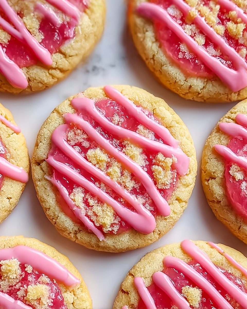The image shows round cookies arranged closely on a white marbled surface. Each cookie has a light golden base with a slightly cracked texture. On top, there is a thick layer of bright pink glaze covering the center, sprinkled with small yellow crumbly bits. A glossy, darker pink icing is drizzled in wavy lines across the surface of each cookie, adding a shiny texture that contrasts with the matte crumbs. The cookies are uniform in size and neatly placed so that only parts of some are visible at the edges. photo taken with an iphone --ar 4:5 --v 7