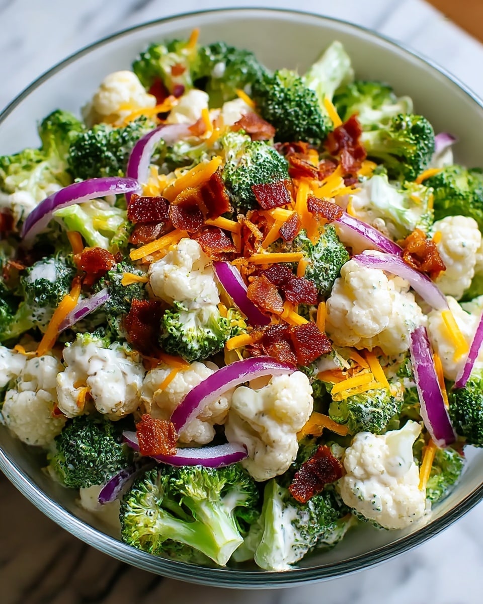 A white bowl filled with a fresh salad showing three main layers: the bottom layer has bright green broccoli and white cauliflower florets, the middle layer contains thin slices of purple onion, and the top layer is sprinkled with small pieces of crispy reddish-brown bacon and shredded orange cheddar cheese. A creamy white dressing is lightly drizzled over the salad, giving a glossy texture to the vegetables. The bowl sits on a blurred white marbled surface in soft natural light. photo taken with an iphone --ar 4:5 --v 7