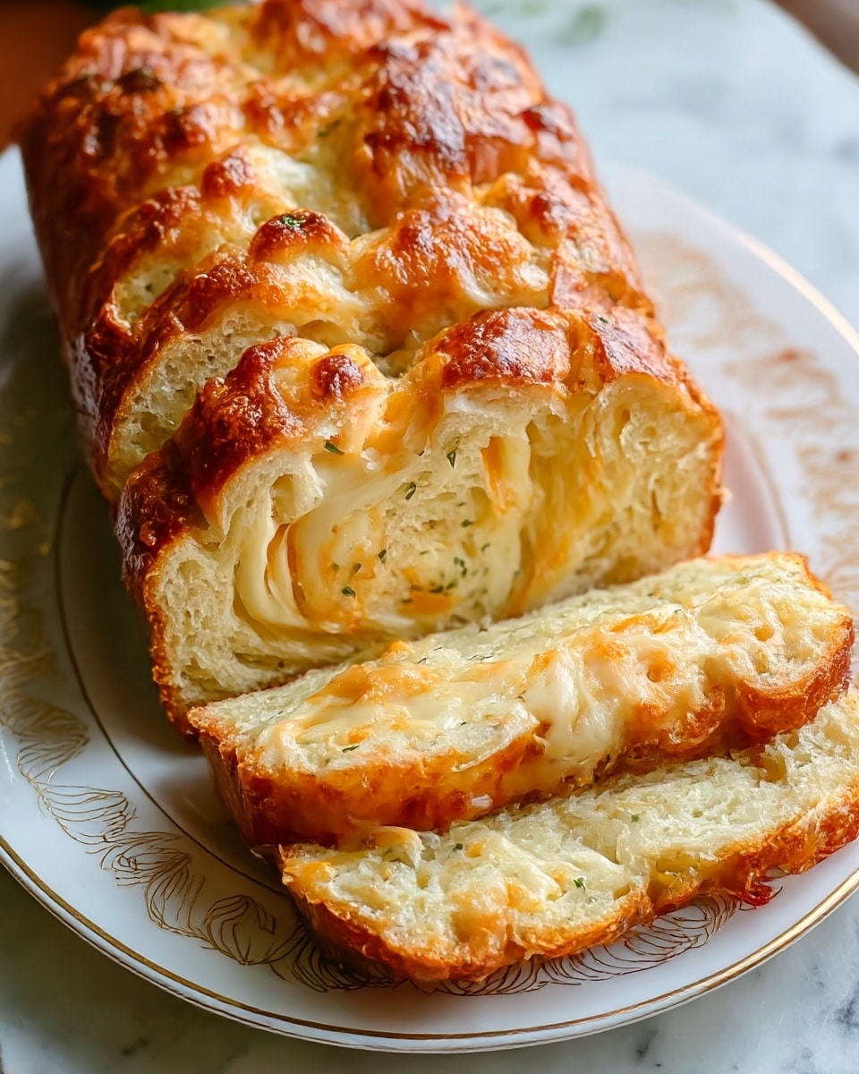 A loaf of bread is placed on a white plate with a gold leaf pattern around the edge. The bread has one slice cut and laid down in front, showing layers of soft, airy bread inside mixed with melted, golden brown cheese. The top crust is golden and slightly crispy with patches of melted cheese that are browned and bubbly. The bread is full of small holes, indicating a light texture, and the cheese inside is melted unevenly, showing orange and creamy white colors. The plate sits on a white marbled surface with a blurred bowl of pasta in the background. photo taken with an iphone --ar 4:5 --v 7