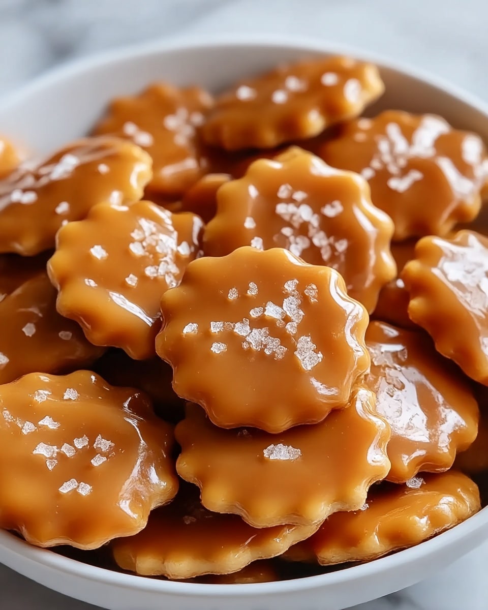 A close-up view of many small round crackers covered in smooth, light brown caramel sauce, each cracker topped with a few glistening grains of coarse salt. The crackers have a slightly rough texture under the glossy caramel, and they are piled in a white bowl. The background shows a white marbled texture, with soft lighting highlighting the shiny caramel and crystal salt. photo taken with an iphone --ar 4:5 --v 7