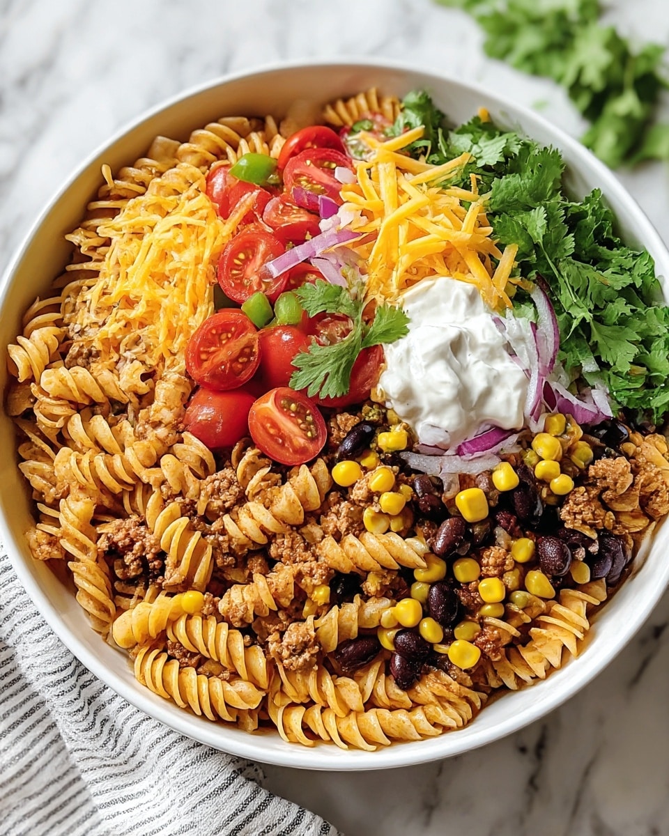 A white bowl filled with one layer of spiral pasta mixed with ground meat, black beans, and corn. Scattered on top are bright red halved cherry tomatoes, green chopped peppers, and small pieces of red onion. There are small dollops of white sour cream and light orange shredded cheese spread around. Fresh green cilantro leaves are placed on top, adding color contrast. The bowl is placed on a white marbled surface with a striped cloth partially visible to the side. Photo taken with an iphone --ar 4:5 --v 7