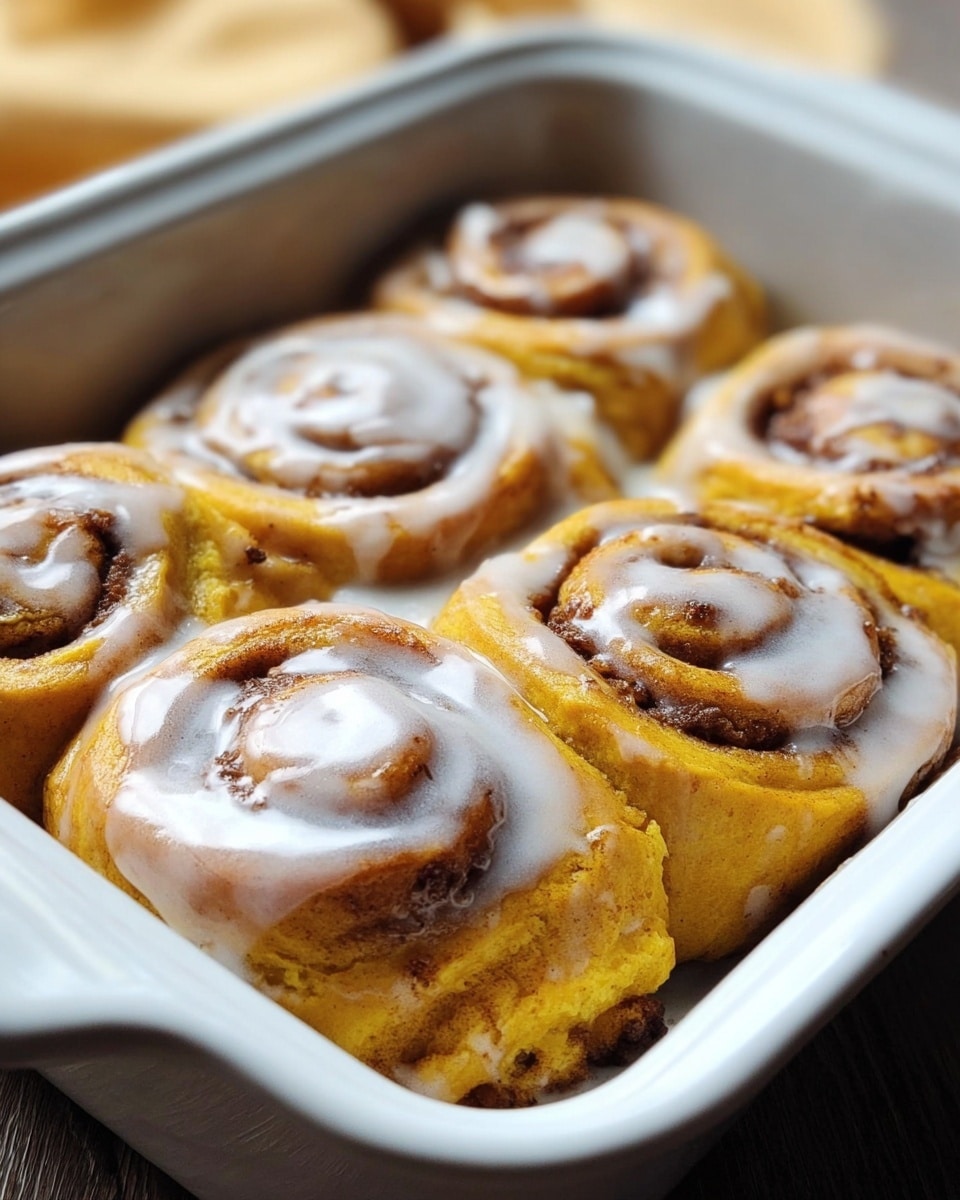 A white rectangular baking dish holds six golden-brown cinnamon rolls with a clear swirl pattern showing a cinnamon and sugar filling inside each roll. The rolls are soft and slightly puffy, with a shiny white glaze drizzled unevenly over their tops. The dish is placed on a wood surface with a soft, out-of-focus background. photo taken with an iphone --ar 4:5 --v 7