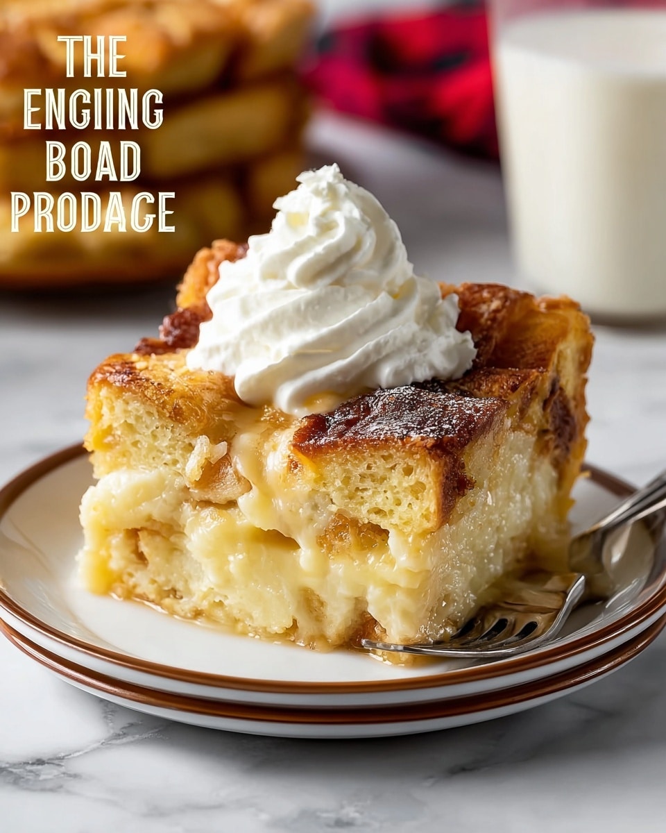 A close-up slice of light golden brown eggnog bread pudding sits on a white plate with a brown rim, showing a soft, moist inside with chunks of bread and a spongy texture; the top is slightly crisp and puffed. A generous dollop of white whipped cream rests on top of the slice. Next to the plate is a silver fork with detailed engraving on a wooden surface, and in the background, there is another slice of bread pudding on a white plate and a clear glass filled with creamy white liquid, all set on a white marbled texture with hints of a red cloth. Photo taken with an iphone --ar 4:5 --v 7