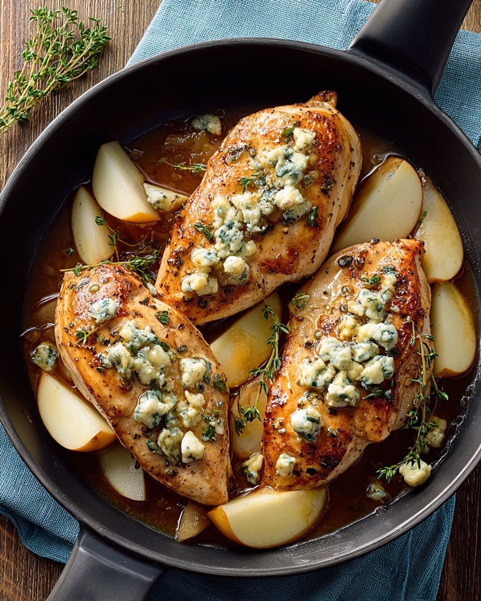 In a black cast iron pan, there are three pieces of cooked chicken breasts with a golden brown, slightly crispy skin. Each piece is topped with small chunks of blue cheese and thin slices of light yellow pears. The chicken is surrounded by a light brown sauce and more pear slices, with sprigs of fresh green thyme scattered on top and around the chicken. The pan sits on a blue cloth, all placed on a white marbled surface. Photo taken with an iphone --ar 4:5 --v 7