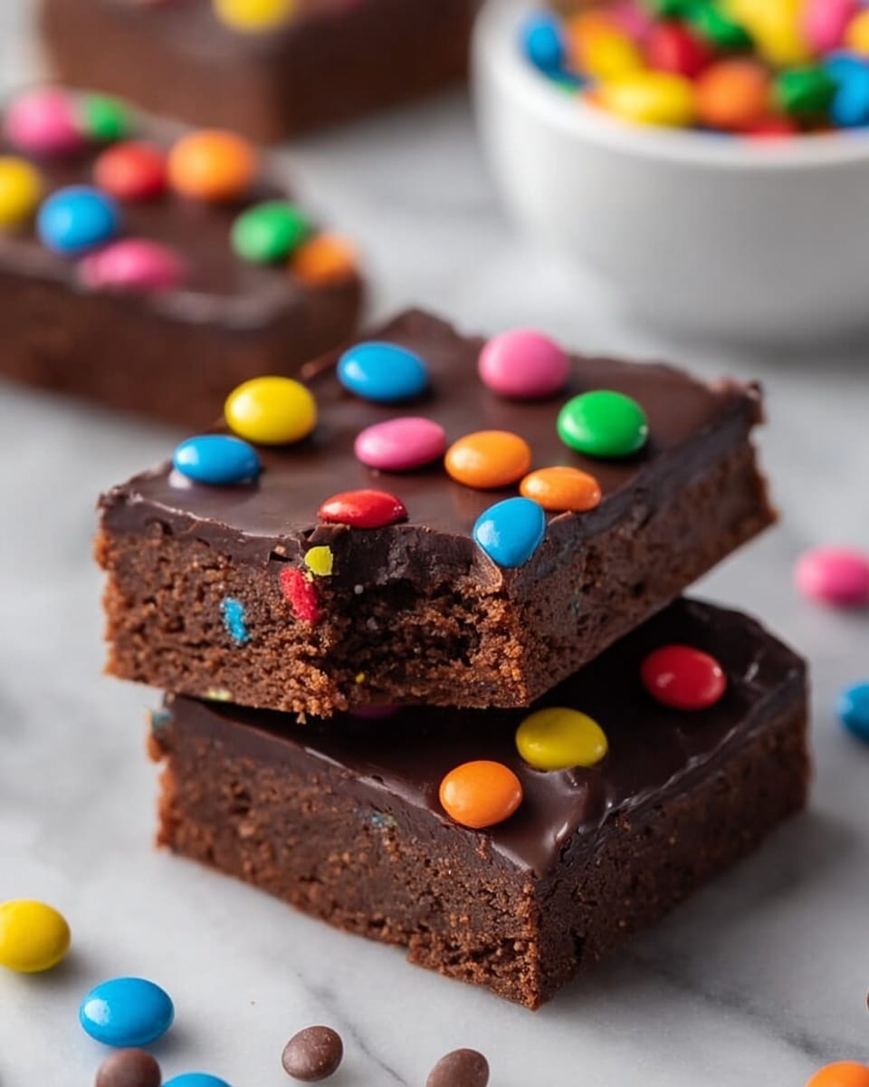The image shows two stacked rectangular chocolate brownies on a white marbled surface. The top brownie has a glossy dark chocolate layer coating it, sprinkled with small, round, colorful candy pieces in bright red, yellow, green, blue, orange, and pink. One corner of the top brownie has a bite taken out of it, showing the dense, moist, and rich brown interior layer beneath the shiny chocolate top. Around the brownies, candy pieces are scattered, adding pops of color. In the background, a white bowl filled with the same colorful candies is blurred but visible. photo taken with an iphone --ar 4:5 --v 7