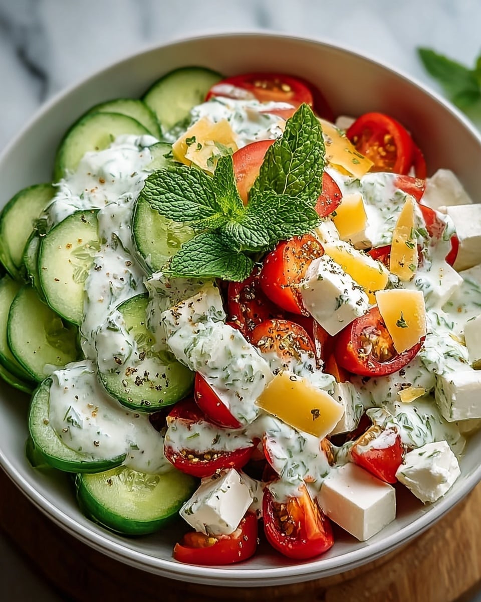 A close-up view of a fresh cucumber salad served in a white bowl, placed on a wooden surface with a white marbled background. The salad has several layers: the bottom layer consists of thin, round green cucumber slices with a slightly translucent texture. Scattered throughout are halved bright red cherry tomatoes adding pops of color. The salad is generously topped with dollops of creamy white dressing speckled with small green herbs. Thin shavings of pale yellow cheese are sprinkled over the top, along with a few crispy golden brown flakes. A small sprig of fresh green mint leaves sits prominently on top as garnish. The textures range from smooth dressing to crisp vegetables, creating a vibrant and fresh appearance. Photo taken with an iphone --ar 4:5 --v 7