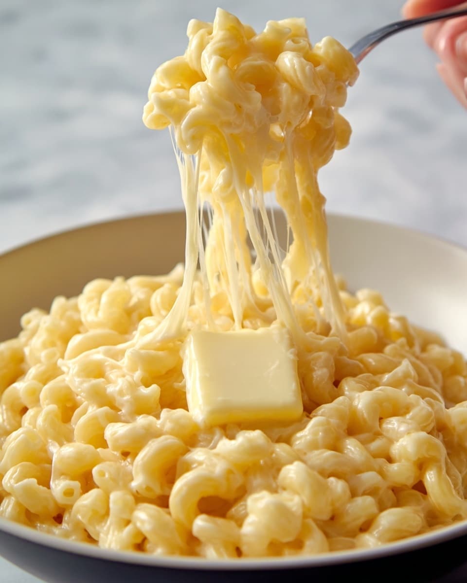 A close-up of creamy macaroni and cheese in a white bowl with a smooth white marbled background. The dish shows a rich, shiny, light-yellow cheese sauce coating soft, curly macaroni noodles, with a square pat of melting butter sitting in the center on top. A portion of the noodles is lifted upward, showing thick cheese stretching from the pile below. The colors are warm and creamy, with the textures showing the gooey cheese and soft pasta clearly. Photo taken with an iphone --ar 4:5 --v 7