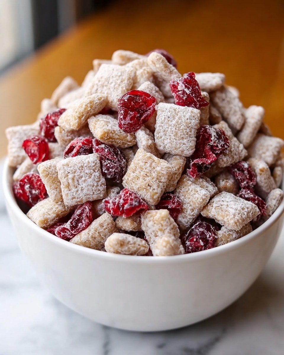 A white bowl filled to the top with small, square cereal pieces covered in a light dusting of powdered sugar, giving them a soft white coating. Mixed in throughout the cereal are glossy, bright red dried fruit pieces that look slightly wrinkled and moist. The bowl sits on a white marbled surface, and the background is softly blurred with warm brown tones. The cereal pieces have a crunchy texture visible under the powdered sugar on each tiny square. photo taken with an iphone --ar 4:5 --v 7