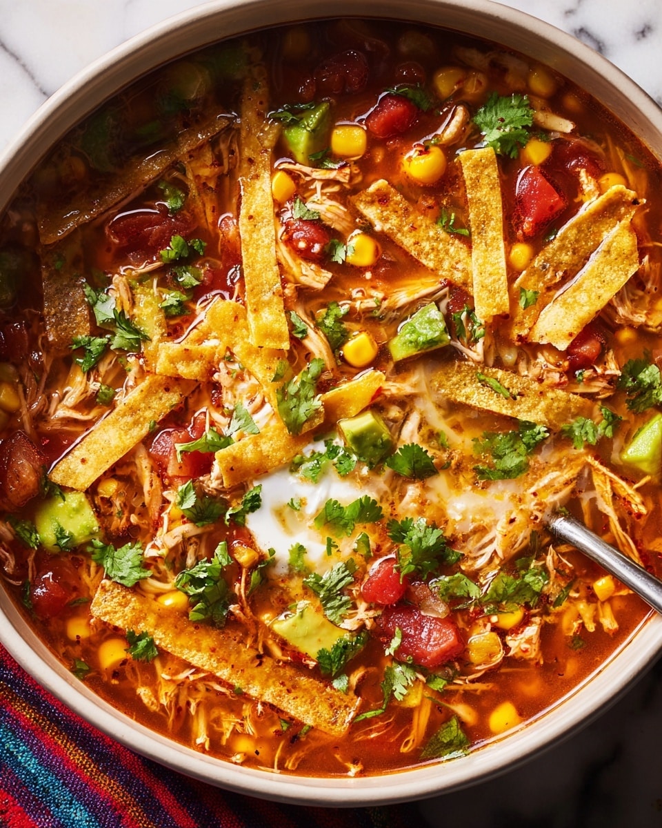 A white bowl filled with a richly colored reddish-brown broth forms the base layer, with visible chunks of shredded chicken and bright yellow corn scattered throughout. Floating atop are crispy, golden tortilla strips cut into irregular shapes, adding texture and depth to the soup. Small fresh green cilantro leaves are layered lightly over the top, along with pieces of soft red tomato. The bowl rests on a textured dark gray surface, next to a red and blue striped cloth, all placed on a white marbled texture. Photo taken with an iphone --ar 4:5 --v 7