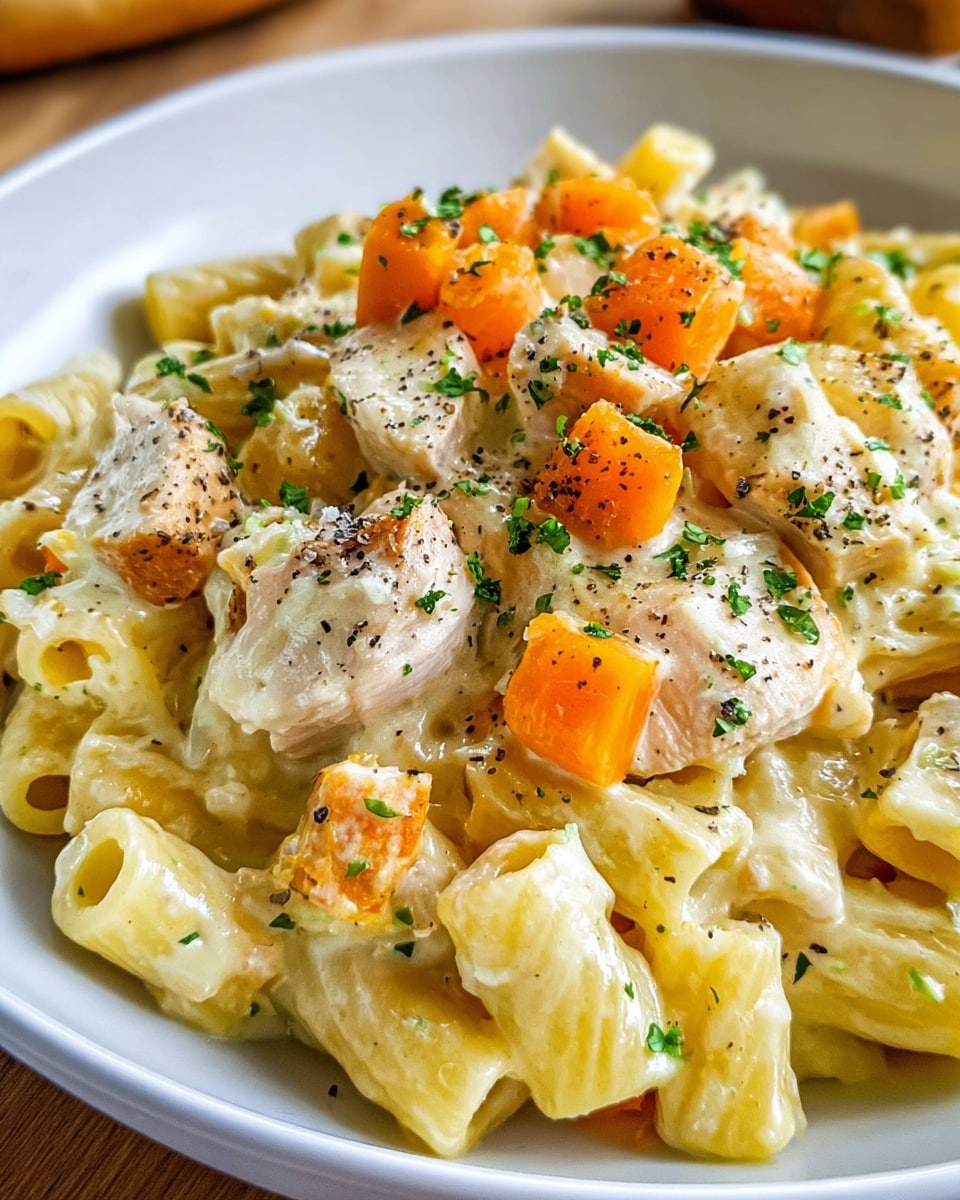 A close-up view of a white bowl filled with creamy pasta, showing three main layers: a base of tubular pasta covered in a thick, pale yellow cheese sauce, scattered chunks of tender white chicken meat interspersed throughout the pasta, and diced orange carrots adding color on top. The dish is sprinkled with small green herb leaves and a dash of black pepper, giving the surface a fresh, textured look. The background is a white marbled texture. photo taken with an iphone --ar 4:5 --v 7