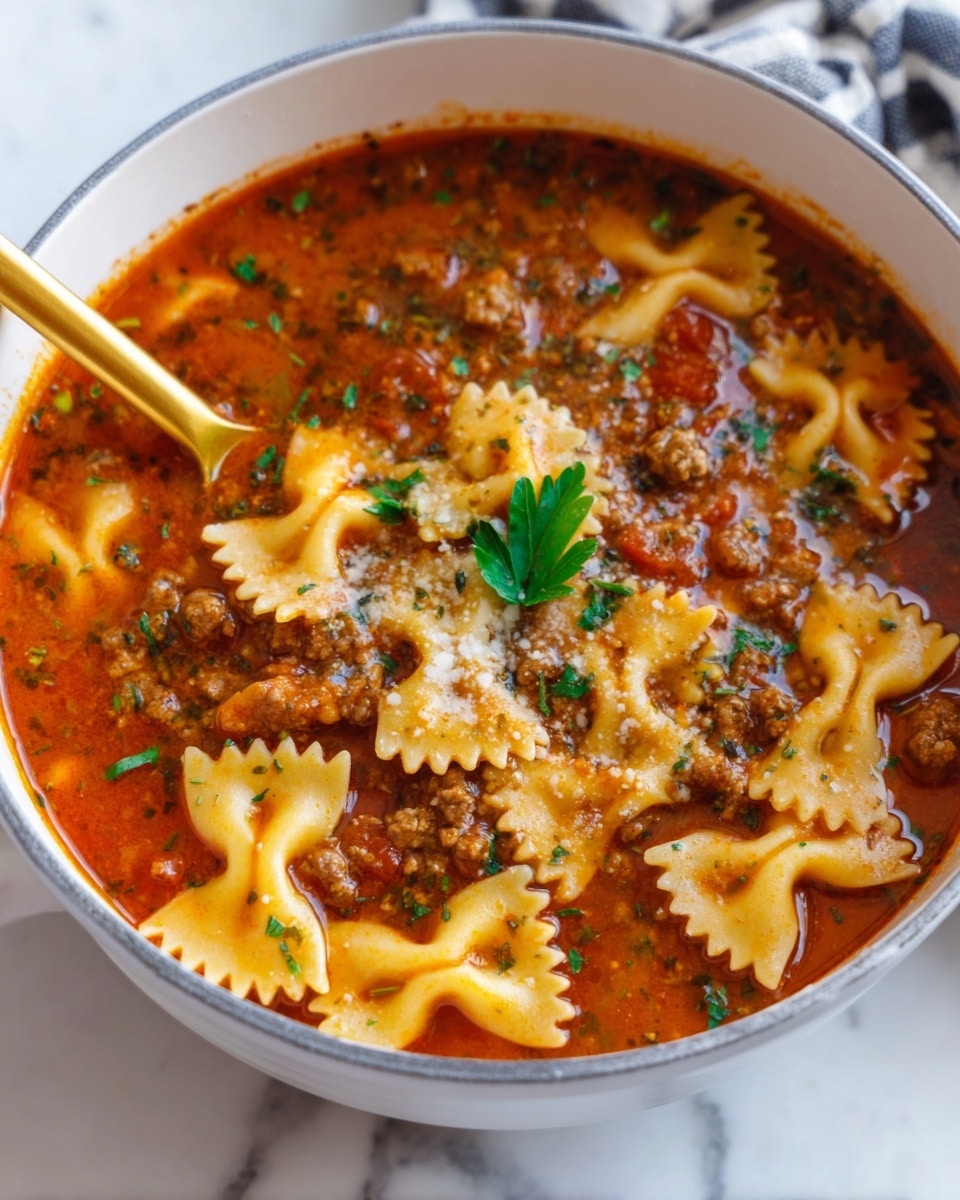 A white bowl filled with richly colored tomato soup containing small pieces of ground meat and several large bowtie pasta pieces floating on top. The soup has a thick, hearty texture with visible herbs and tiny green parsley leaves as garnish in the center. A gold spoon is partially dipped into the soup from the left side of the bowl. The bowl sits on a white marbled surface. photo taken with an iphone --ar 4:5 --v 7