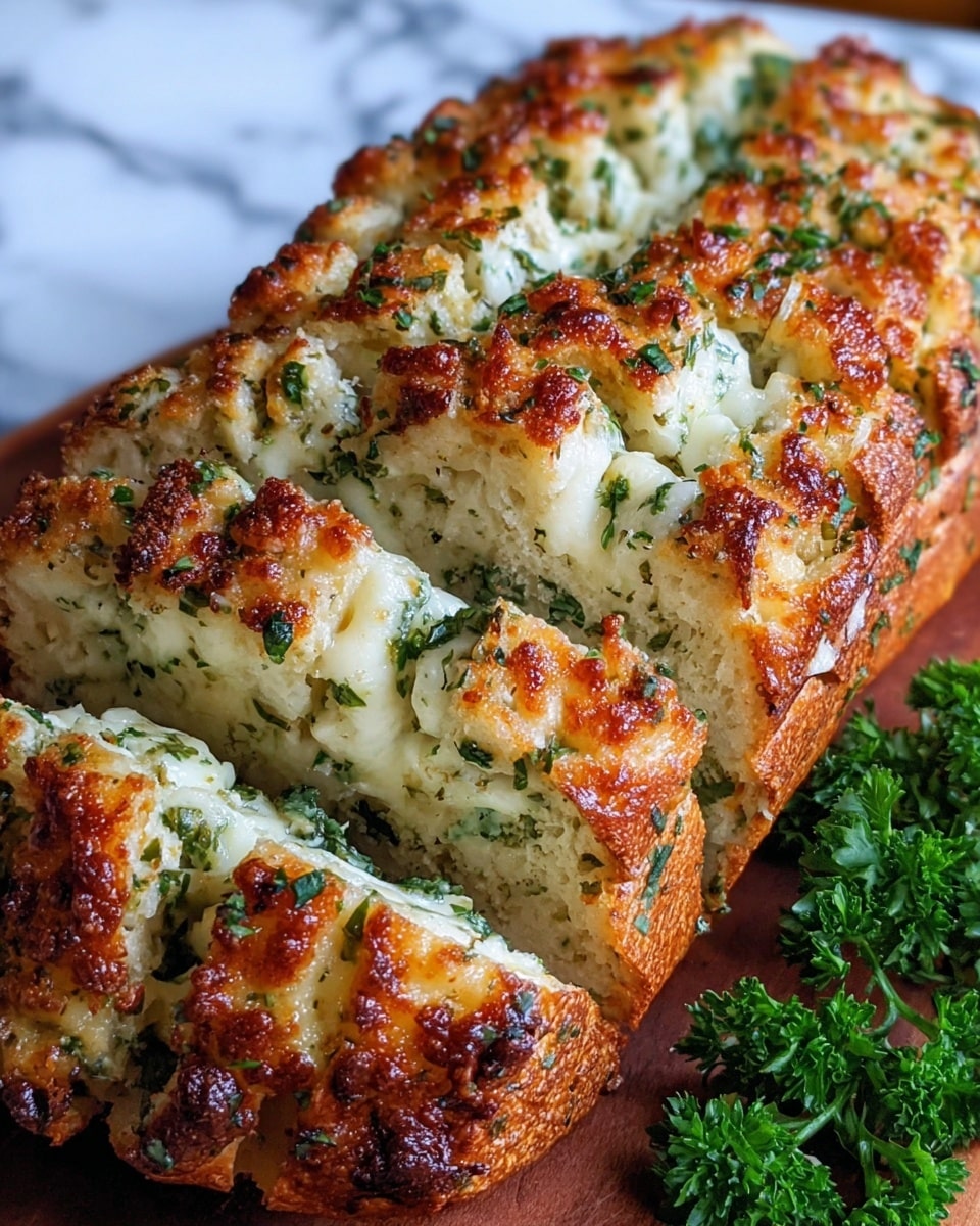 The image shows a close-up of a golden-brown loaf of garlic bread with an uneven top layer that is crispy and bubbling with melted cheese. The bread is sliced partially, showing multiple layers of soft, white inside with green herbs and creamy cheese spread between each slice. The top is sprinkled with finely chopped green parsley and has a crunchy texture with browned spots. The bread sits on a wooden board with a small bunch of fresh parsley nearby. The background has a white marbled texture. photo taken with an iphone --ar 4:5 --v 7