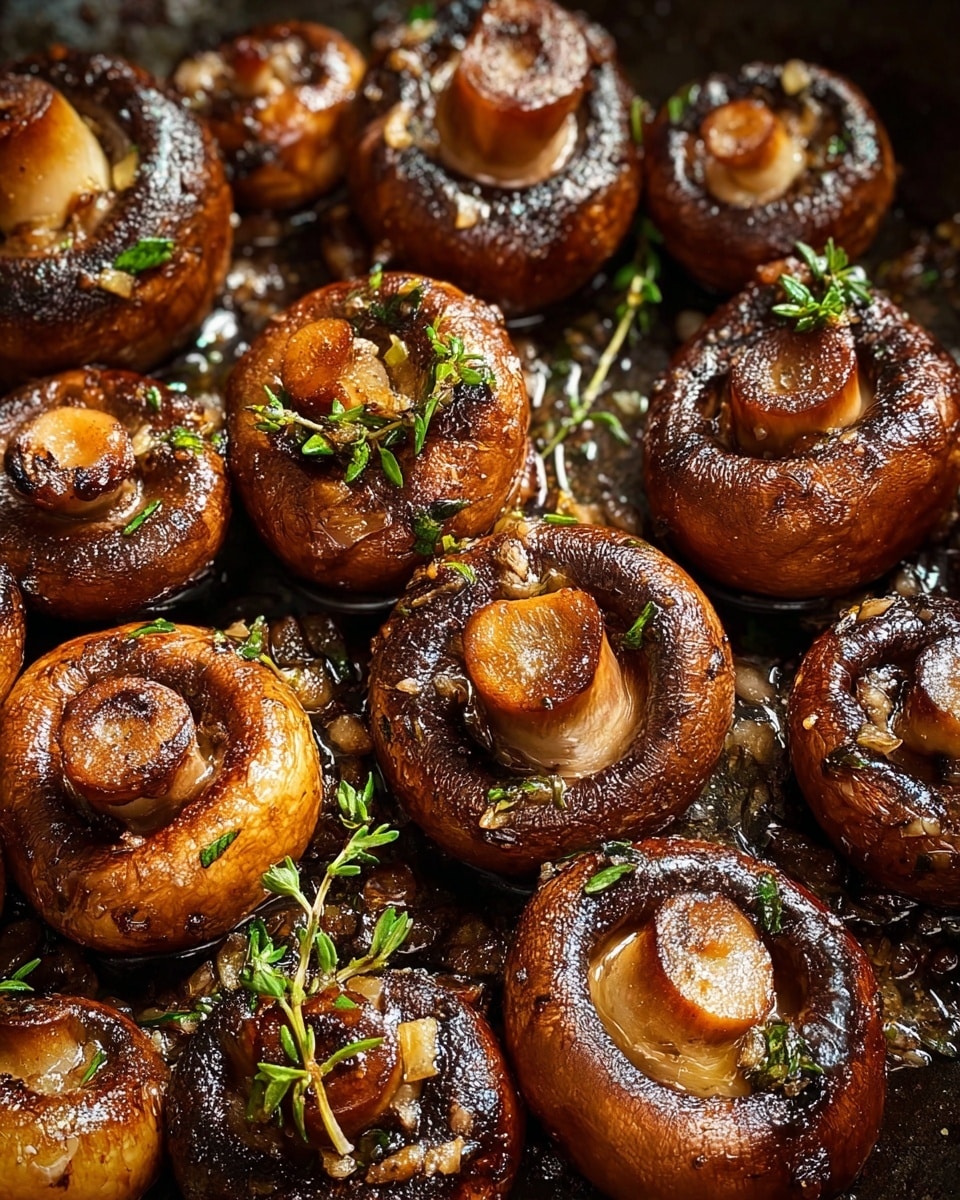 The image shows a close-up of cooked mushrooms arranged closely together in a pan, with one layer of whole mushrooms that have a browned, slightly crispy surface. The mushrooms have a rich, dark golden-brown color with hints of glossy oil and char marks, covered lightly with small green herb sprigs and tiny bits of garlic. The texture looks moist and tender with some mushrooms showing a slightly shiny glaze, set against a dark pan but with the overall scene on a white marbled texture. photo taken with an iphone --ar 4:5 --v 7