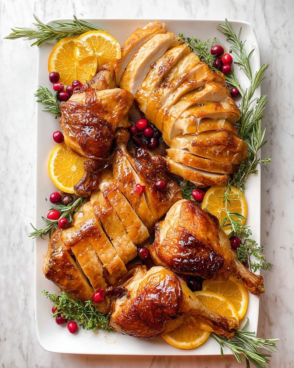A white rectangular plate holds multiple pieces of golden brown roasted chicken, including slices of breast arranged in two fan shapes on the right and top left sides, two crispy-skinned chicken thighs placed near the bottom left and center right, and two drumsticks laid diagonally across the bottom and center. Bright orange slices are placed around and partially under the chicken, adding a fresh contrast. Small red cranberries are scattered across the plate, along with fresh green rosemary and thyme sprigs on the left and bottom edges. The whole dish sits on a white marbled surface. photo taken with an iphone --ar 4:5 --v 7