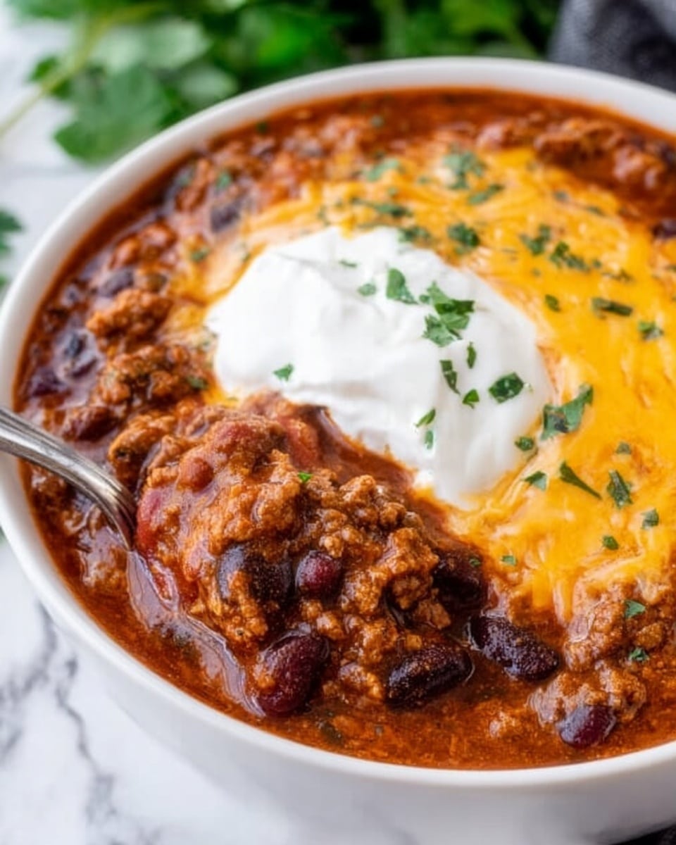 A close-up of a white bowl filled with three visible layers of chili chili. The bottom layer is thick and dark red with cooked ground meat and whole kidney beans. On top of this is a melted layer of bright yellow and orange cheese with some patches of white sour cream spread over the center. Tiny green herbs are sprinkled lightly on the cheese layer. A silver spoon is dipped into the chili near the edge of the bowl, and the bowl sits on a white marbled surface with some green leaves blurred in the background. Photo taken with an iphone --ar 4:5 --v 7