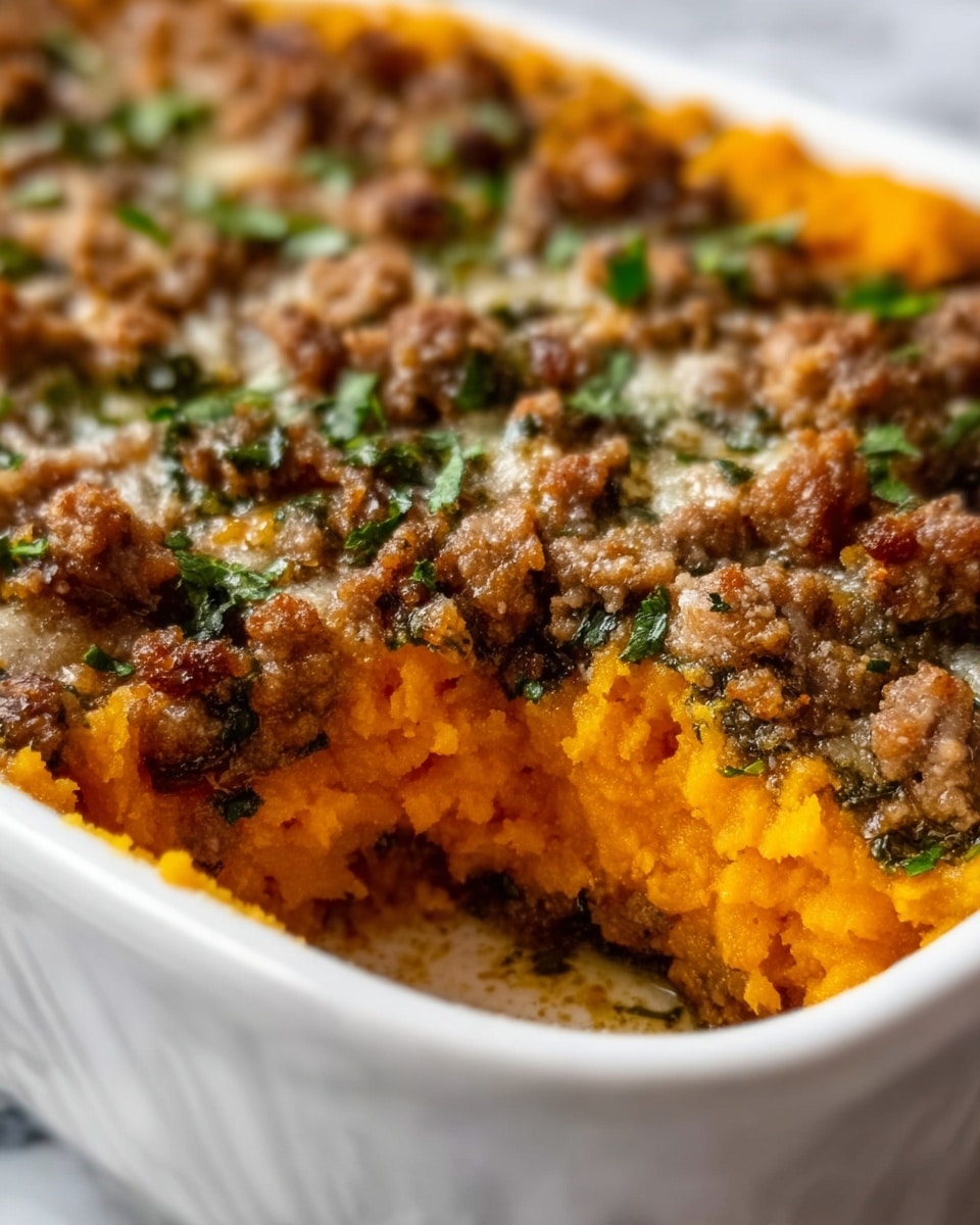 A close-up view of a white rectangular dish filled with layered food, where the bottom layer is bright orange mashed sweet potatoes, topped with a crumbly, browned ground meat mixed with green herbs. The minced meat layer looks cooked with a slightly oily texture and some scattered green bits on top. The dish edges are clean, showing the contrast between the smooth orange base and the textured brown topping. The background is a white marbled surface. Photo taken with an iphone --ar 4:5 --v 7