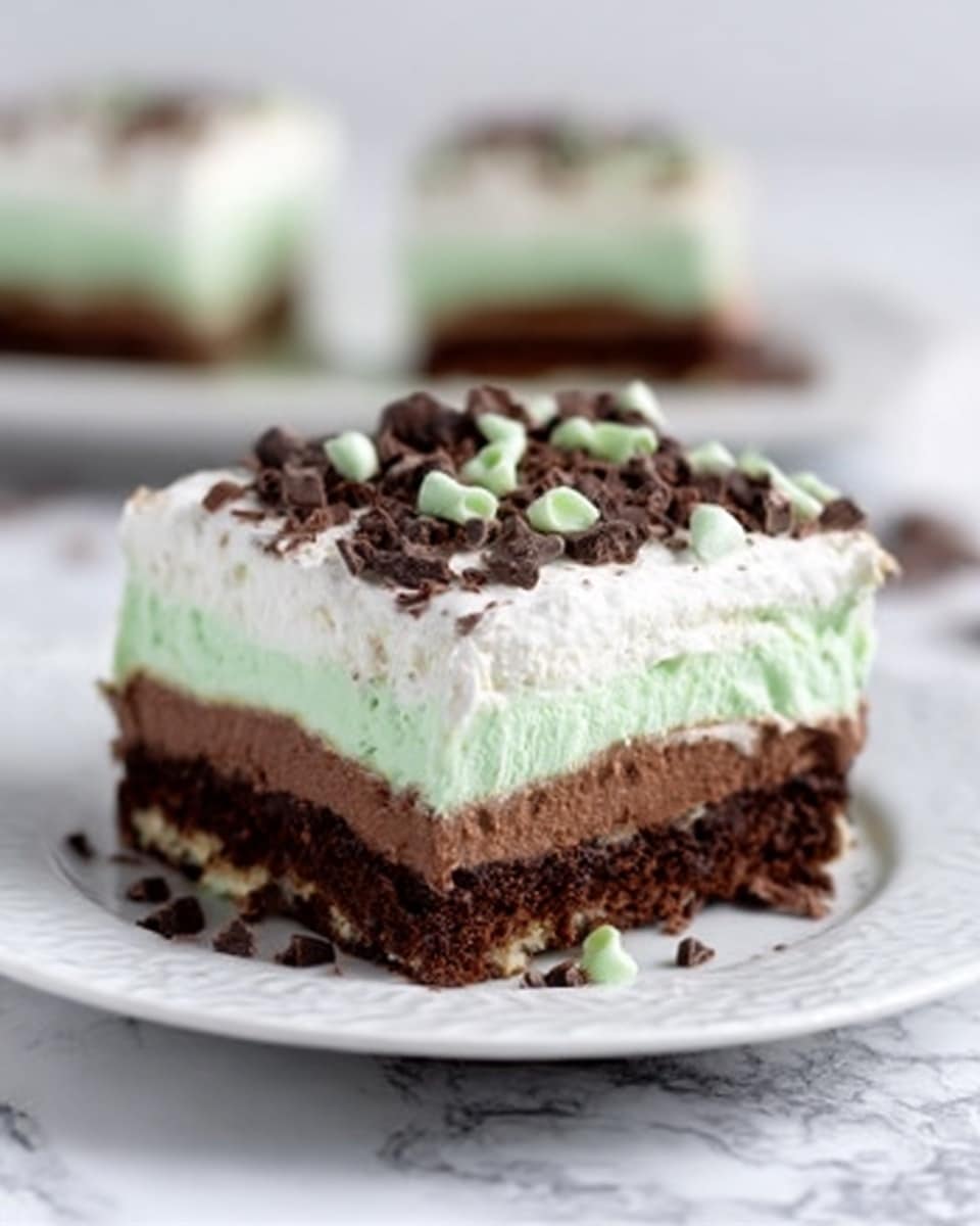 A square dessert slice sits on a white plate over a white marbled surface, showing three thick layers from bottom to top: a dark brown, moist chocolate cake base with rough texture, a smooth light green mint cream layer in the middle, and a fluffy white whipped topping layer on top. Small pieces of chocolate and crushed mint candies are scattered over the whipped cream, adding texture and color contrast. The image captures the layers clearly with soft natural light, showing the dessert’s creamy and rich look. Photo taken with an iphone --ar 4:5 --v 7