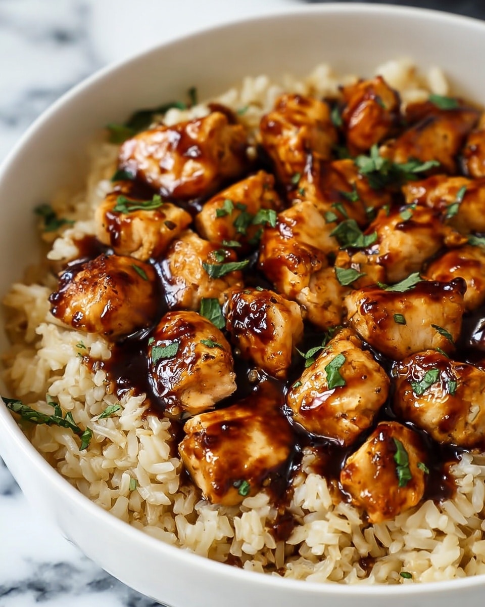 A close-up view of a bowl filled with two main layers: a bottom layer of light brown cooked rice with a slightly oily texture and a top layer of golden-brown grilled chicken pieces glazed with a shiny dark brown sauce, scattered evenly. Small green herb leaves are sprinkled on the chicken, adding a fresh contrast. The bowl is white, and it sits on a white marbled surface. photo taken with an iphone --ar 4:5 --v 7
