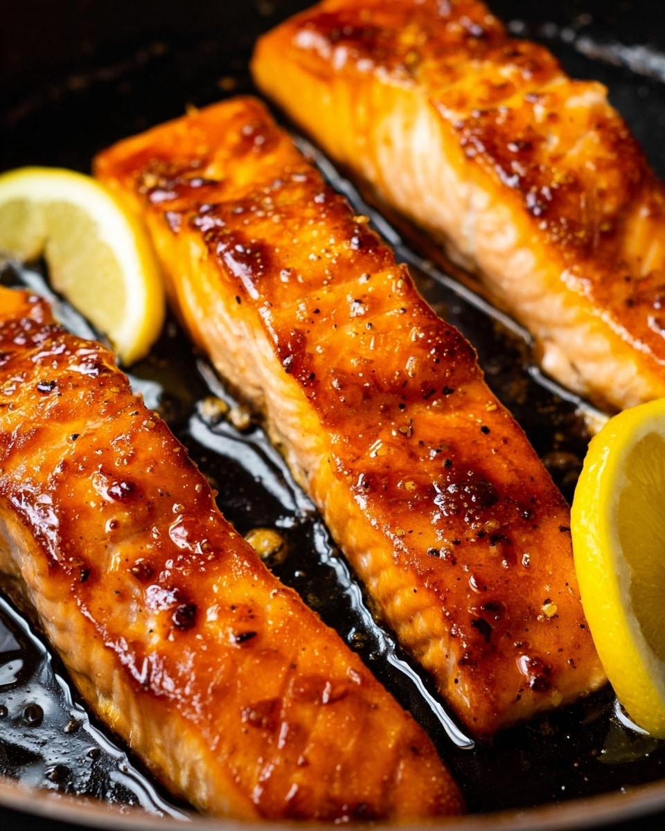 The image shows four grilled salmon fillets on a black surface, each fillet with a shiny, glazed, golden-brown top layer that looks moist and tender. The salmon pieces have a slightly charred texture with visible seasoning of black pepper. Around the salmon fillets are three bright yellow lemon wedges, adding fresh color contrast. The black surface underneath reflects a bit of light, making the salmon and lemon slices stand out. photo taken with an iphone --ar 4:5 --v 7