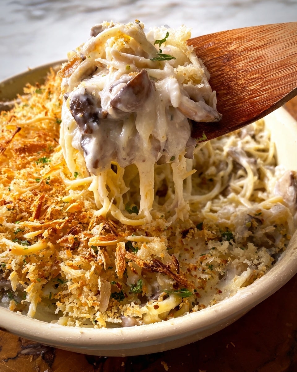 The image shows a close-up of a creamy pasta dish in a white casserole dish. On top, there is a golden-brown crunchy layer made of toasted almond slices and bread crumbs, adding texture and color contrast. The main visible layer is a thick, white creamy sauce coating thick spaghetti strands mixed with pieces of mushroom and cauliflower. The creamy pasta being lifted with a wooden spatula highlights the rich, smooth texture of the sauce. The dish sits on a white marbled surface that emphasizes the warm tones of the pasta and topping. Photo taken with an iphone --ar 4:5 --v 7