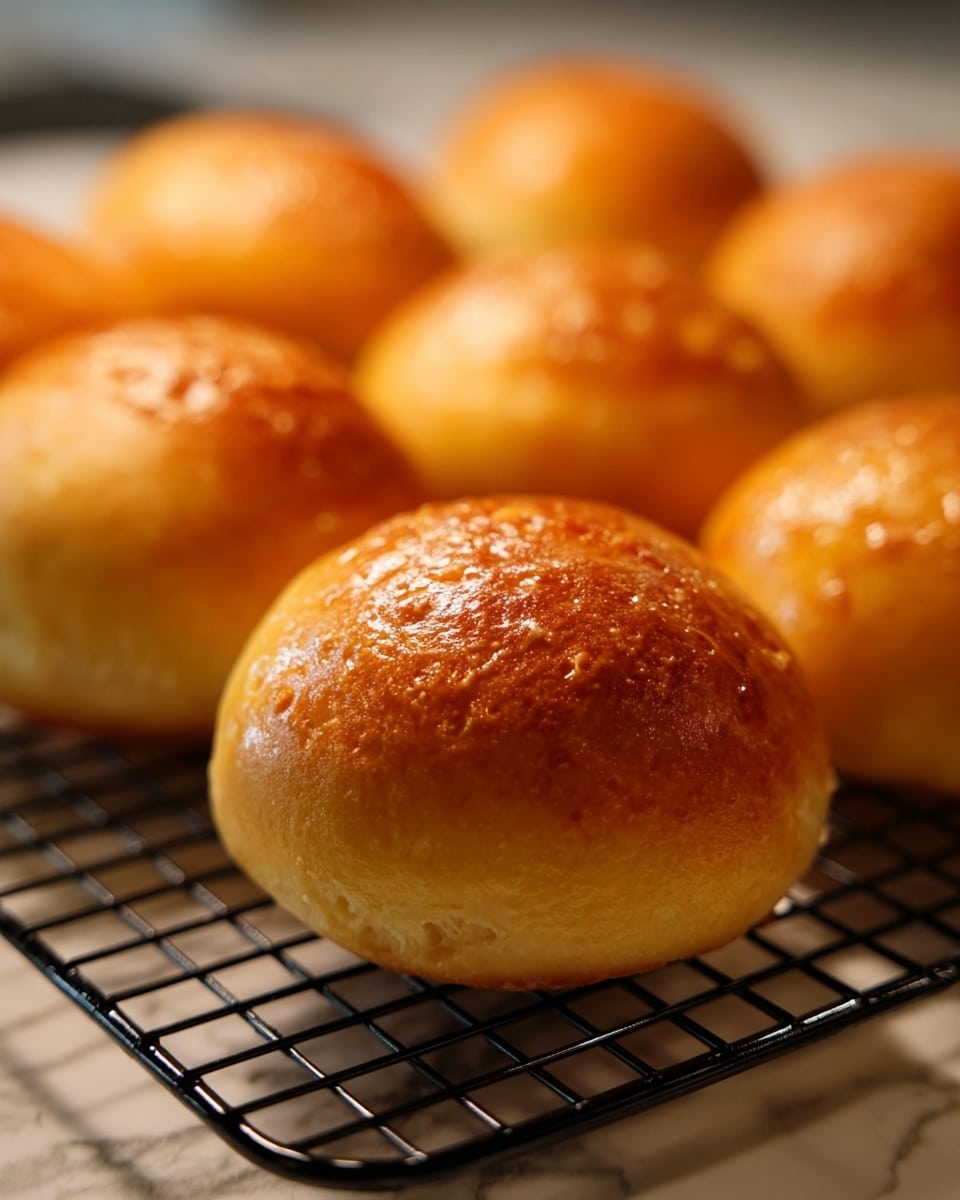 The image shows a close-up of a group of round, golden-brown buns resting on a black wire cooling rack. The buns have a slightly shiny, smooth top with a few small baked textured spots giving a lightly crisp appearance, while the sides are softer and more uniform in color. They are arranged closely together in multiple rows, with the focus on the front bun that appears plump and freshly baked. The whole scene is set against a white marbled texture background that contrasts with the warm tones of the buns. photo taken with an iphone --ar 4:5 --v 7