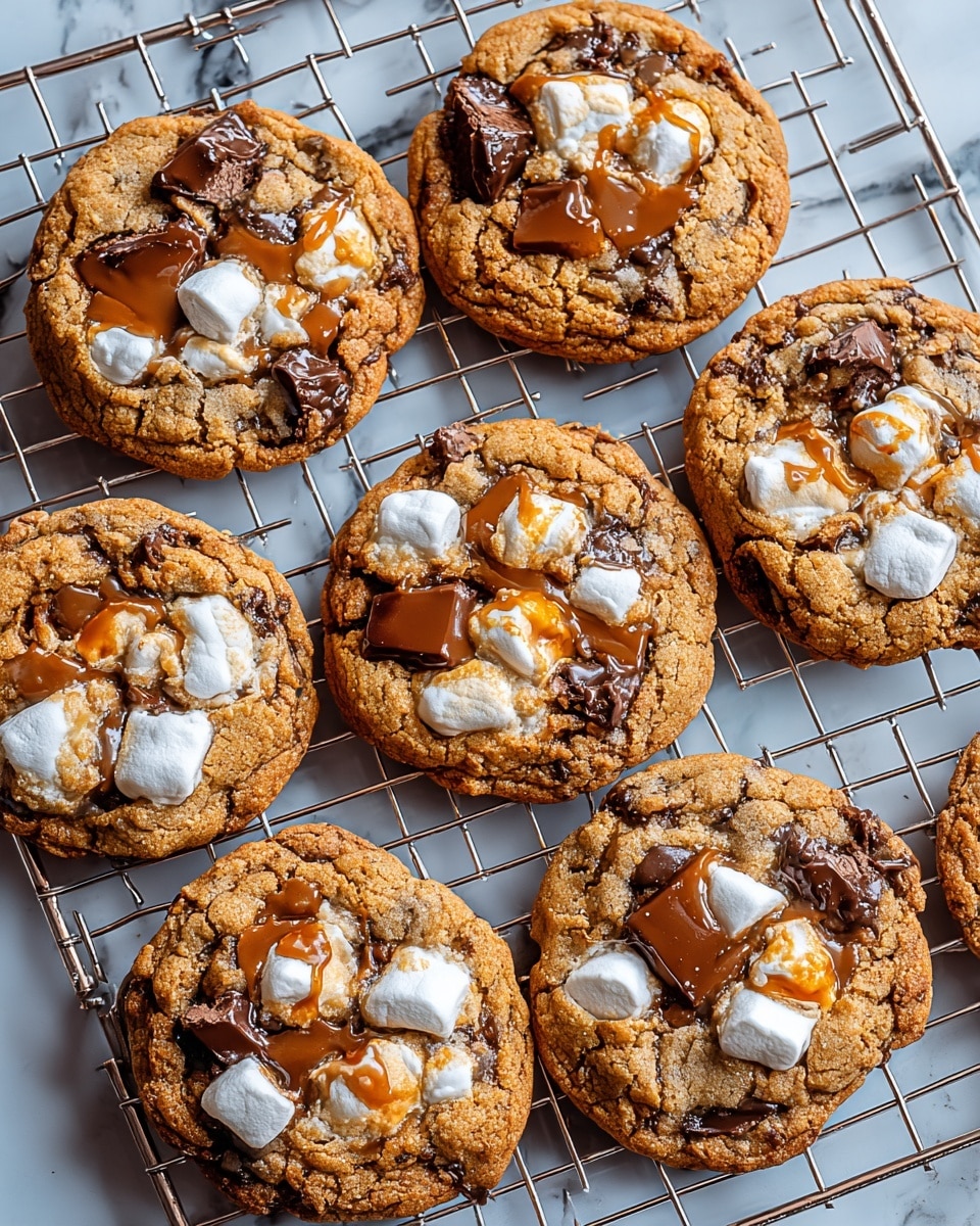 Seven cookies are placed on a silver cooling rack over a white marbled surface. Each cookie has a rough, golden-brown baked base with visible large dark chocolate chunks and fluffy white marshmallow pieces embedded on top. These marshmallows add a soft and puffy texture in contrast to the crisp cookie. There are warm, melted caramel or milk chocolate drizzles unevenly spread over the chocolate chunks and marshmallows, giving a shiny and gooey look. The cookies are round and thick, showing cracks and crumbly edges. Photo taken with an iphone --ar 4:5 --v 7
