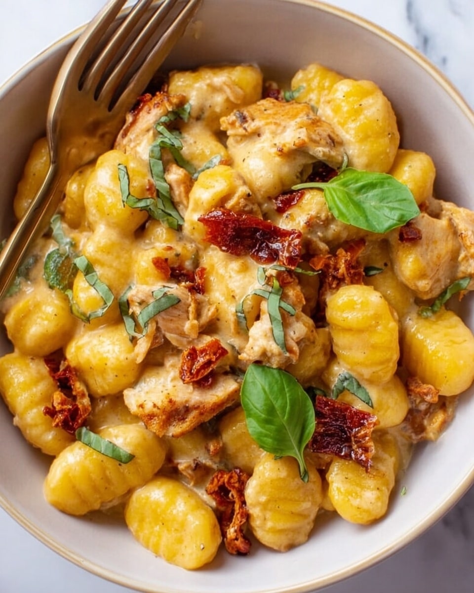 A close-up of a white bowl filled with about three layers of golden-yellow gnocchi coated in creamy sauce, scattered with crispy brown pieces of chicken and bits of sun-dried tomatoes; fresh green basil leaves are placed on top for color contrast. A bronze fork rests on the left side inside the bowl, and the bowl is set on a white marbled surface. Photo taken with an iphone --ar 4:5 --v 7
