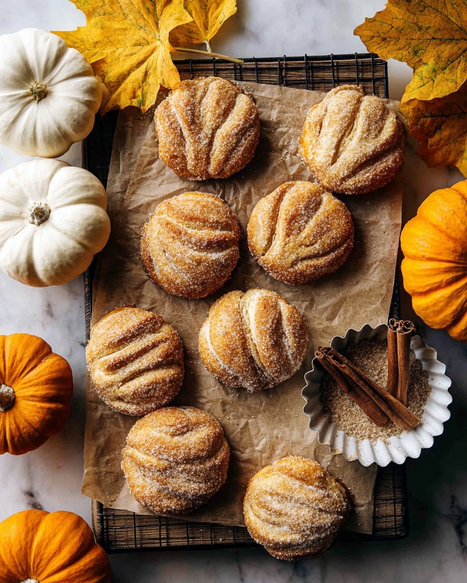 The image shows a group of nine pumpkin-shaped pastries with a golden-brown crust, each dusted lightly with white powdered sugar and a sprinkling of cinnamon sugar, arranged on a black cooling rack lined with brown parchment paper. The pastries have visible curved lines on top, mimicking the ridges of a pumpkin. Around the pastries are three small pumpkins—two white and one bright orange. To the top right of the pastries, there is a small white fluted dish filled with brown sugar and three cinnamon sticks. Yellow autumn leaves frame the top of the image, and the setting is on a warm brown wooden surface with visible texture. photo taken with an iphone --ar 4:5 --v 7