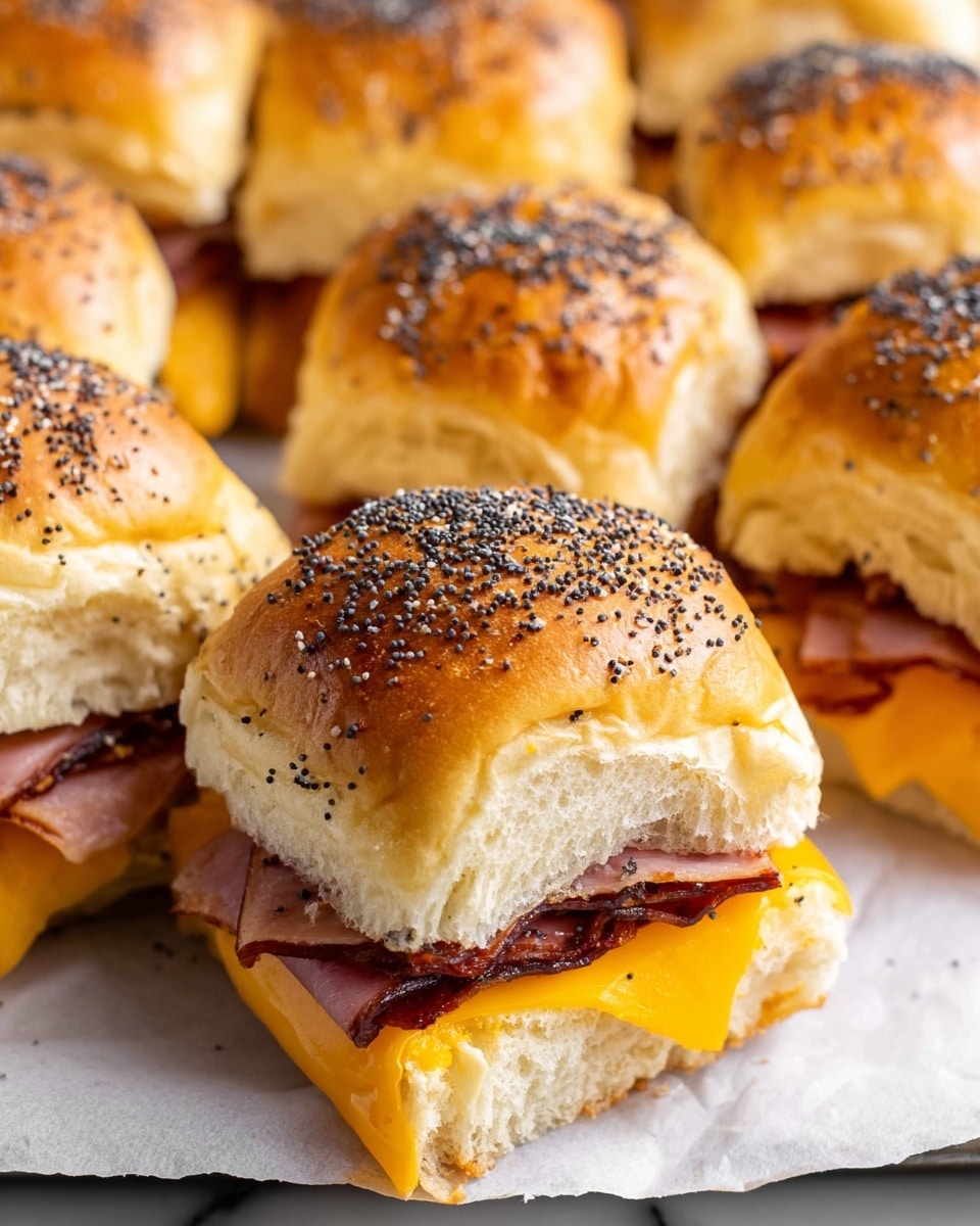 A close-up view of a batch of small sandwich sliders arranged closely together on a white marbled surface, each slider showing a soft, golden-brown top bun sprinkled with tiny black poppy seeds. Under the buns, there are layers of thinly folded, slightly crispy reddish-brown cooked meat resting on bright orange melted cheese, all sandwiched between the fluffy buns. The sliders have a warm, fresh-baked look with a slight shine on the bread tops, and the melted cheese is slightly dripping out from the sides. photo taken with an iphone --ar 4:5 --v 7