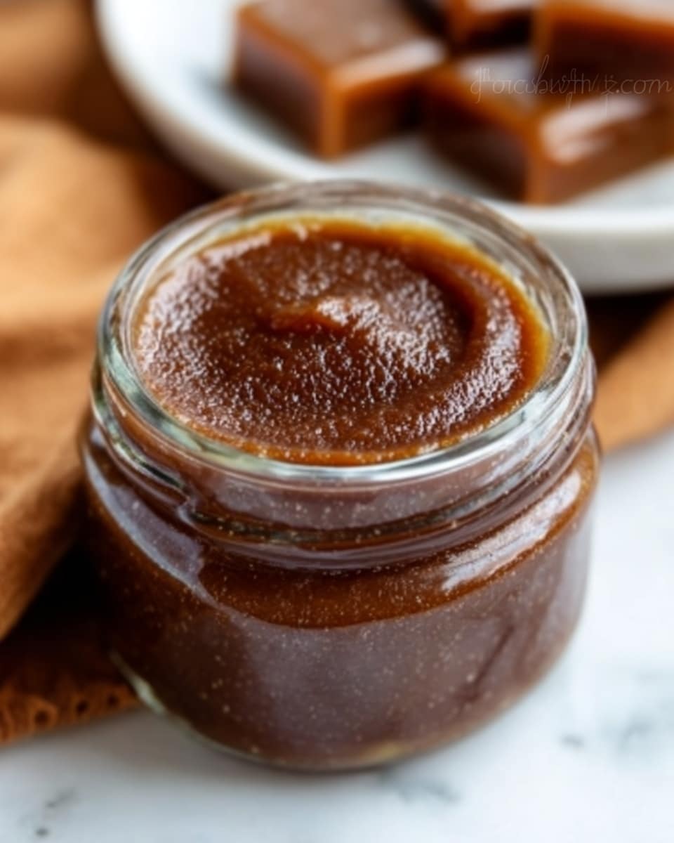 The image shows a small clear glass jar filled with dark brown, smooth and thick caramel spread. The surface of the caramel has a slightly glossy shine with some tiny bubbles and soft texture on top. The jar sits on a white marbled surface with a soft-focus background that hints at a white plate holding pieces of caramel or toffee in warm brown shades. The focus is on the jar, showing the thick, rich caramel inside with its deep brown color and creamy texture. Photo taken with an iphone --ar 4:5 --v 7