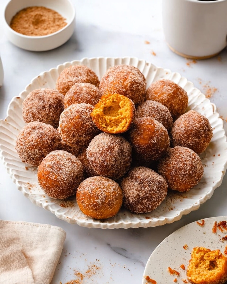 A large white scalloped plate is full of round, deep golden brown doughnut holes coated in cinnamon sugar. One doughnut hole is split open on top, showing a soft, bright orange inside. The plate sits on a white marbled surface, with a small white bowl of cinnamon sugar and a white mug of coffee partly visible nearby. There is also a corner of another white scalloped plate with more doughnut holes and crumbs. Photo taken with an iphone --ar 4:5 --v 7