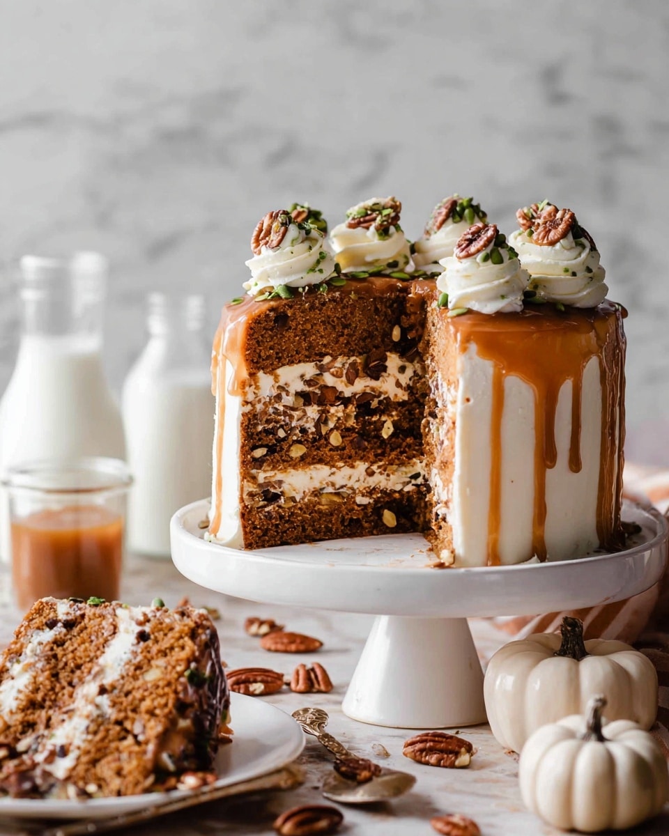 A three-layer round cake sits on a white cake stand with a smooth light brown frosting covering the outside. The cake layers are dark and moist with visible bits of nuts or seeds inside. There is a thick caramel sauce dripping down from the top layer over the sides. On top of the cake, dollops of light beige cream are evenly spaced around the edge, each topped with a pecan half and some green pumpkin seeds. A slice is missing, showing the inside layers filled with the same caramel and light cream. Small nuts and seeds are scattered on the white marbled surface below the stand. In the background, a glass bottle of milk, small white and orange pumpkins, and a jar of caramel are visible, all on the white marbled surface, against a dark wooden background. Photo taken with an iphone --ar 4:5 --v 7