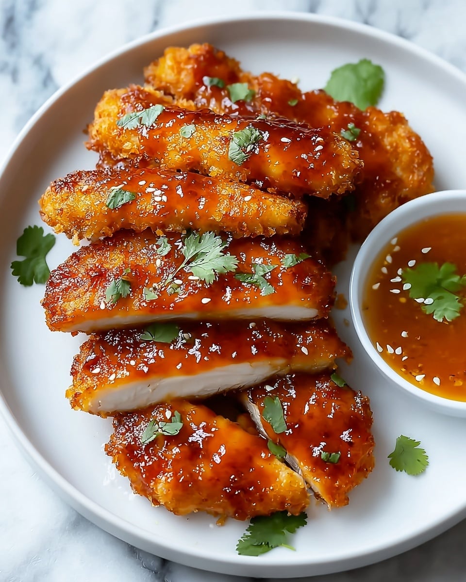 A white plate holds several pieces of golden-brown fried chicken with a crispy texture, coated generously in a glossy, sticky orange glaze. The chicken pieces are stacked slightly, with one piece sliced in half to show the tender white meat inside. Small green cilantro leaves are sprinkled on top and around the chicken for color contrast. To the right side of the plate is a small white bowl filled with a reddish-brown dipping sauce that has visible sesame seeds and a cilantro leaf floating on top. The plate is set on a white marbled surface. photo taken with an iphone --ar 4:5 --v 7
