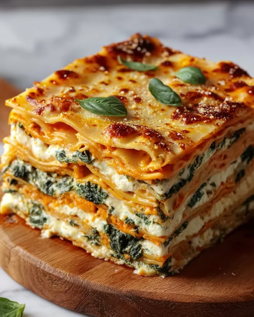 The image shows a close-up of a thick, square slice of lasagna with several visible layers. The bottom layers consist of creamy white ricotta cheese and cooked spinach that looks dark green and slightly wilted. Above that is a layer of orange pumpkin or squash sauce, topped with smooth, melted cheese that is light golden with some brown spots from baking. The edges of the pasta sheets are visible, soft and pale yellow. There are a few small basil leaves on top of the lasagna, adding a fresh green touch. The lasagna rests on a wooden board, which is placed on a white marbled surface. Photo taken with an iphone --ar 4:5 --v 7