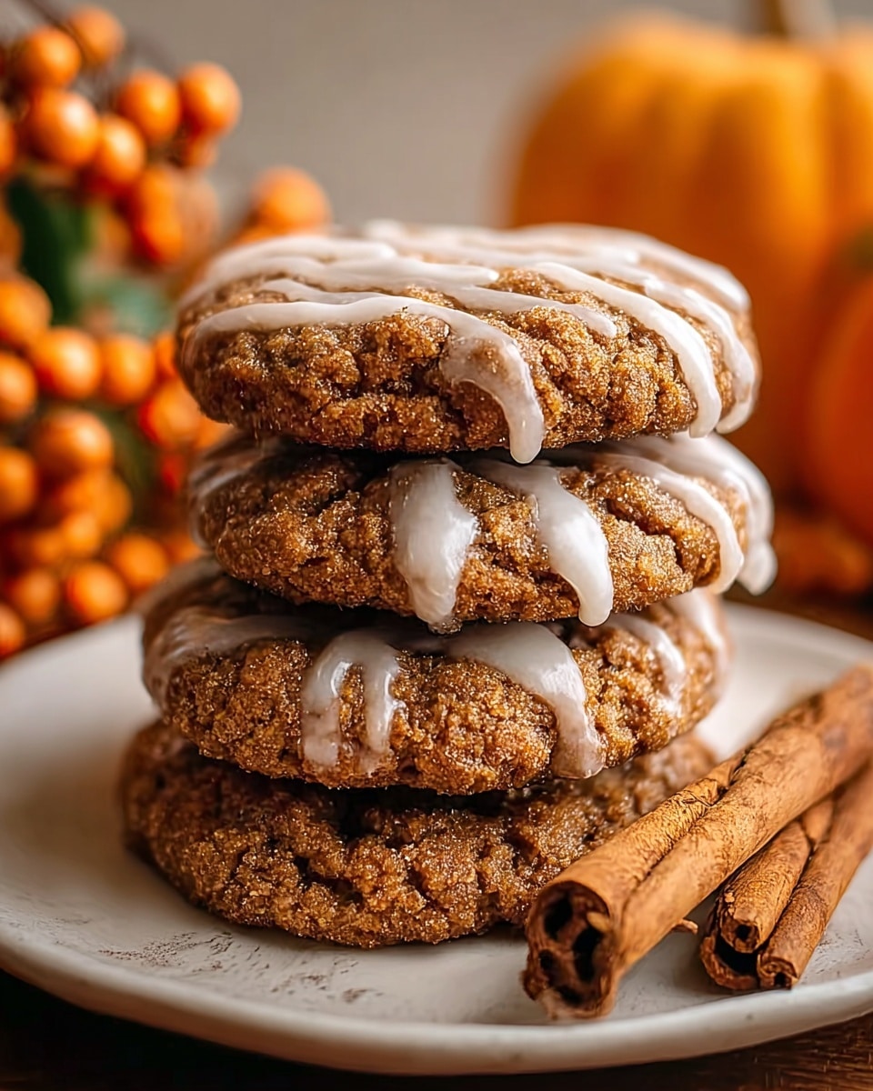 A stack of three round, soft brown cookies with a rough texture sits centered on a white plate, each cookie topped with unevenly drizzled white icing that glistens in the light. To the right of the stack are two cinnamon sticks lying on the plate, and in the blurred background, there are bright orange berries and a small pumpkin, all set against a white marbled surface. The warm, cozy colors and soft focus give the image a comforting autumn feel. photo taken with an iphone --ar 4:5 --v 7